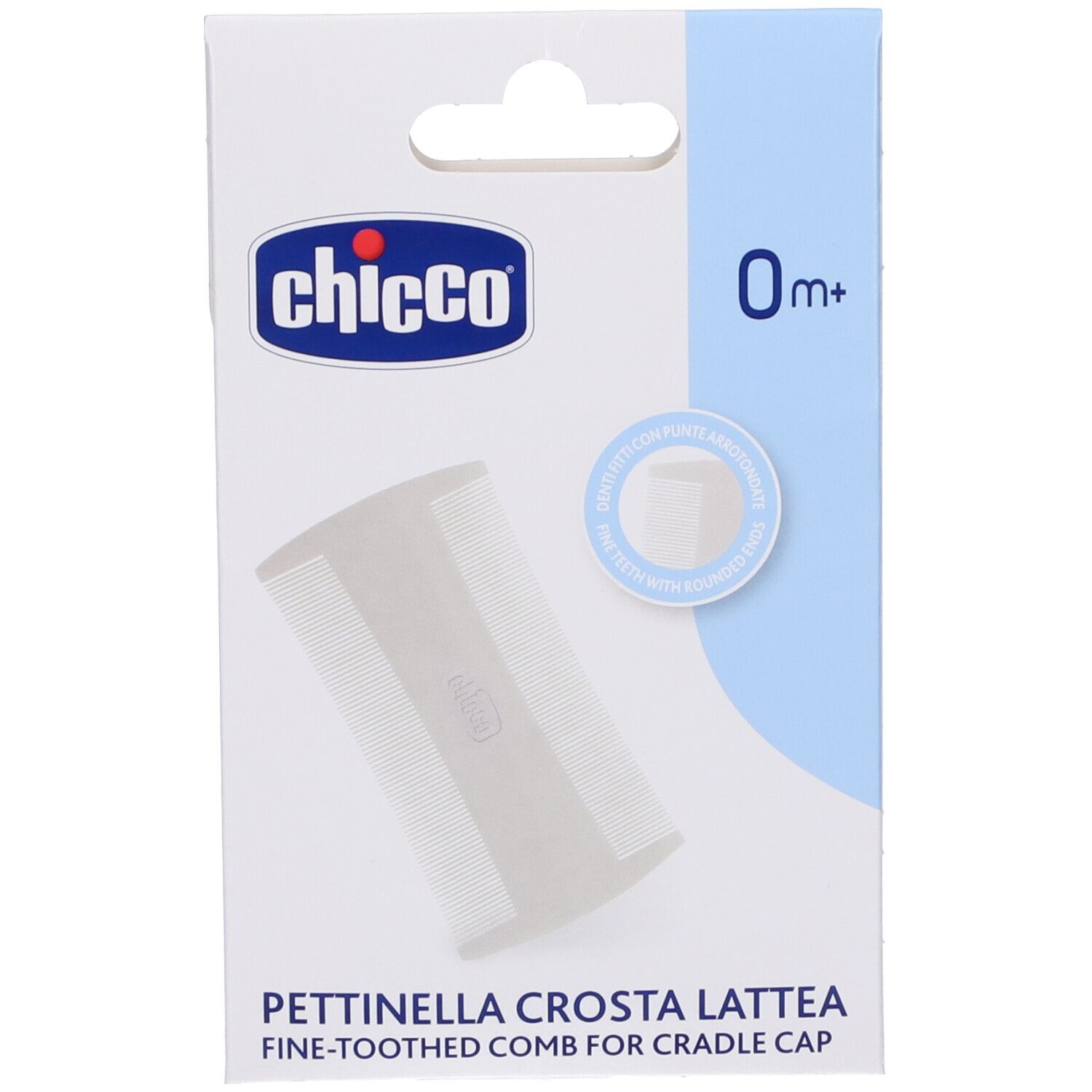 Peigne Chicco pour croûtes de lait. Peigne fin dans un emballage avec logo et nom du produit.