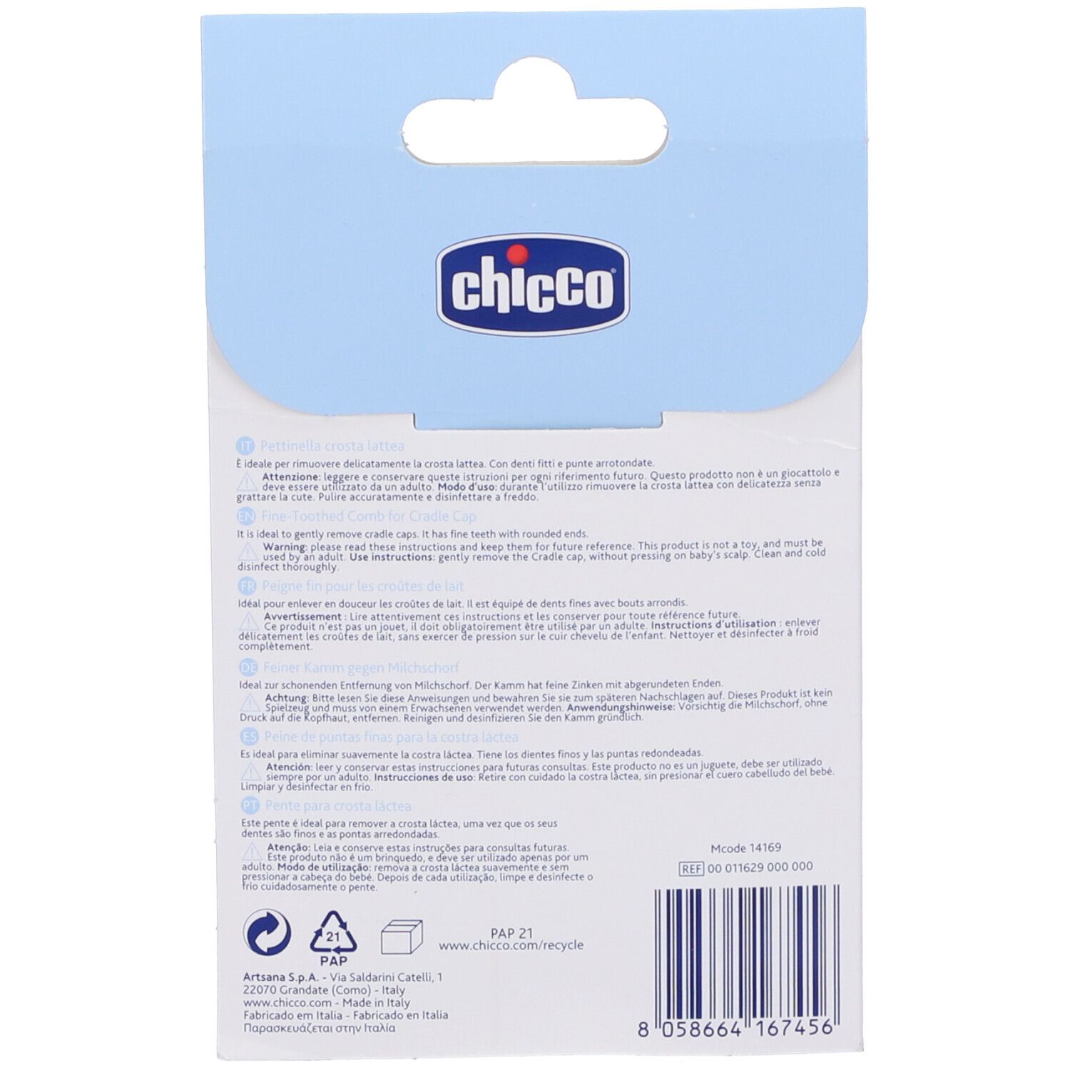 Dos de l'emballage Chicco. Texte avec informations sur le produit et logo de la marque. Consignes de recyclage.