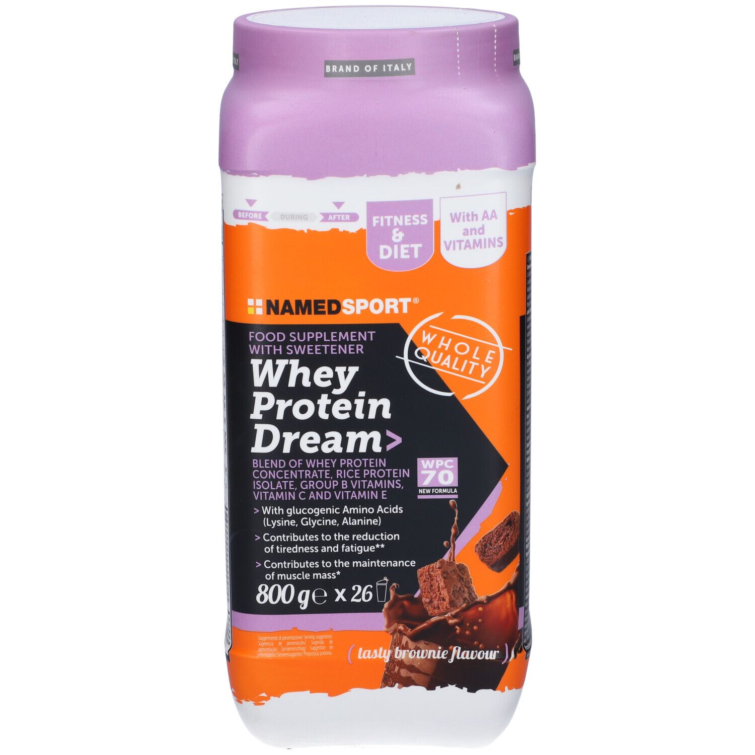 Boîte violette et orange NAMEDSPORT Whey Protein Dream. Contient 800g. Avec AA et vitamines. Tasty Brownie Flavour.