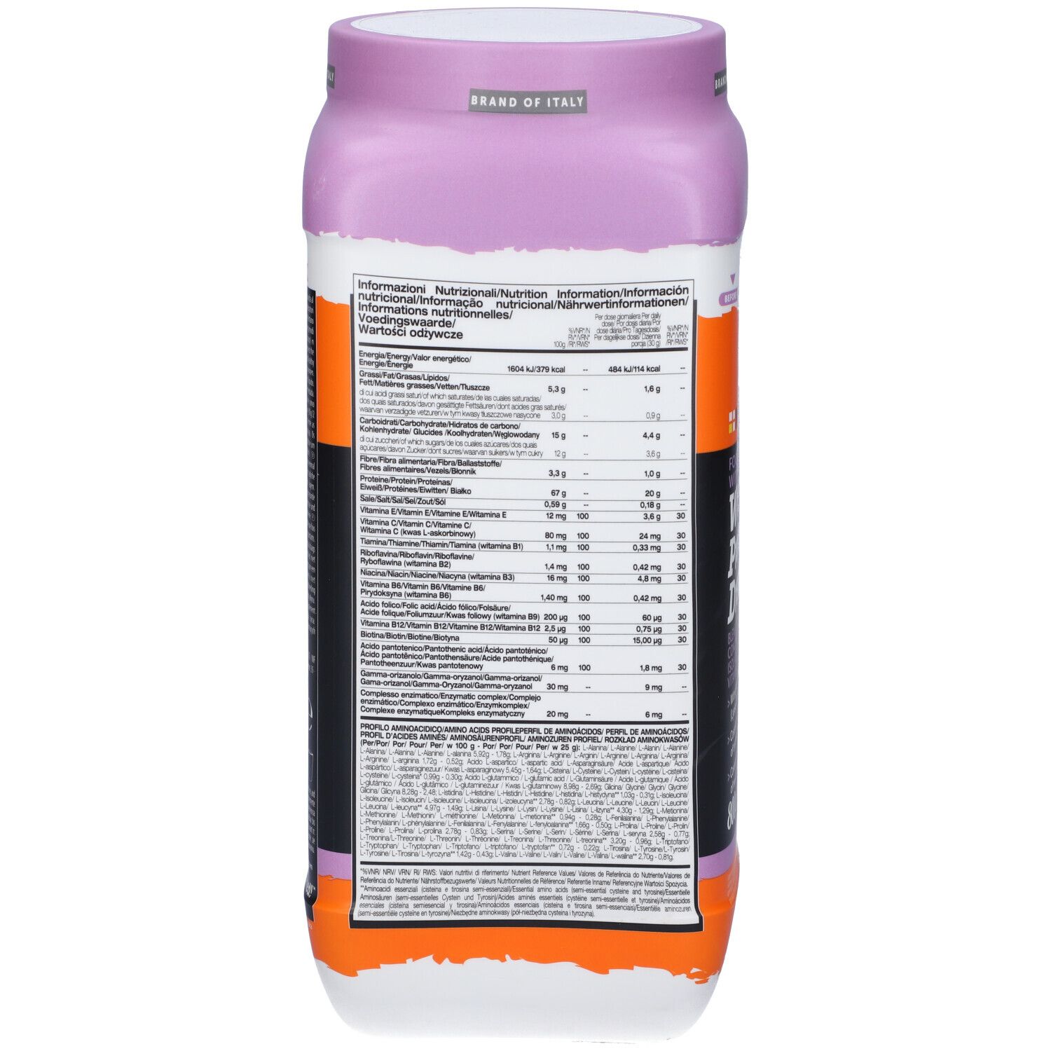 Dos du pot avec informations nutritionnelles. Contient des informations en plusieurs langues. Fond orange et noir.