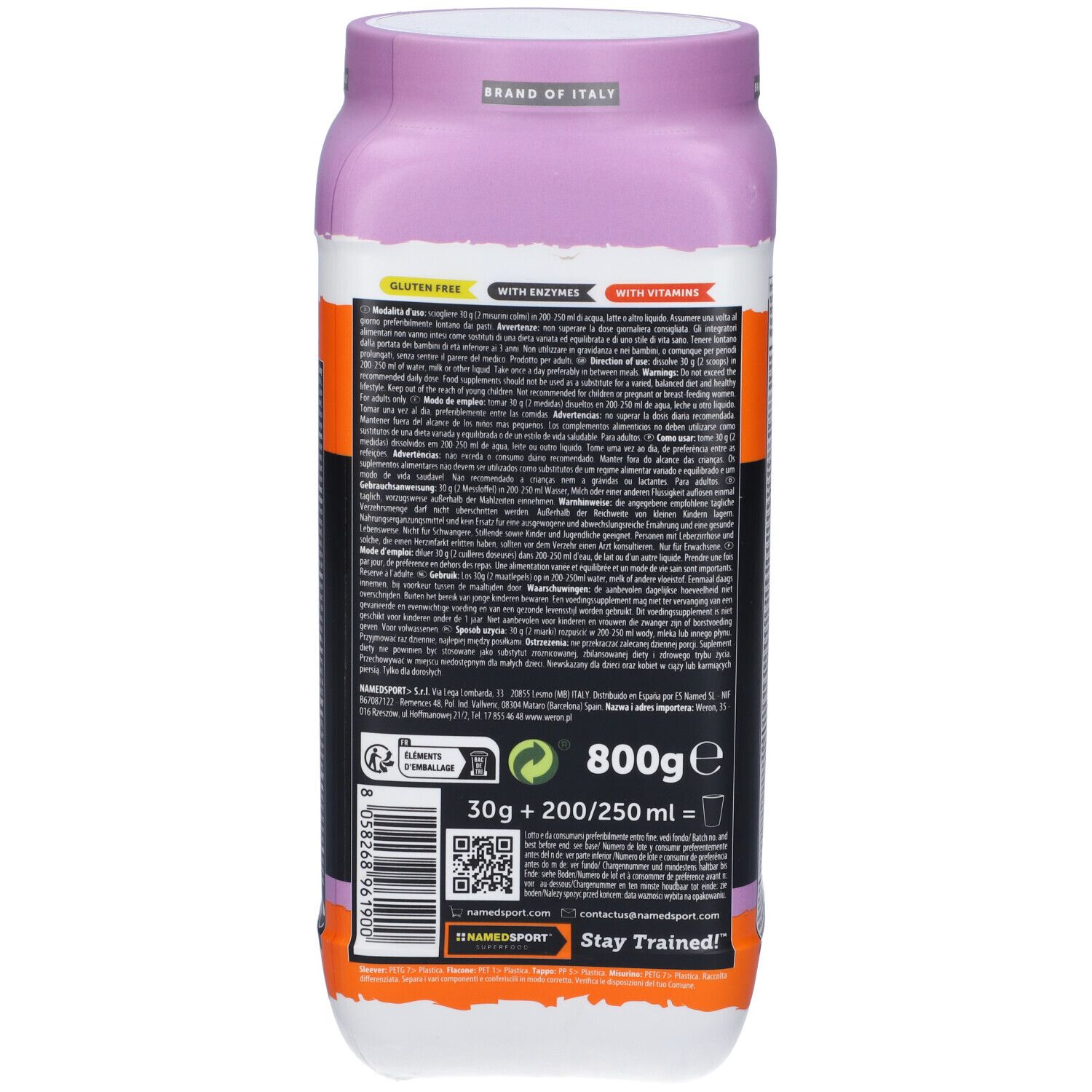 Dos du pot avec texte. Contient des informations sur les ingrédients et le mode d'emploi. Fond orange et noir.