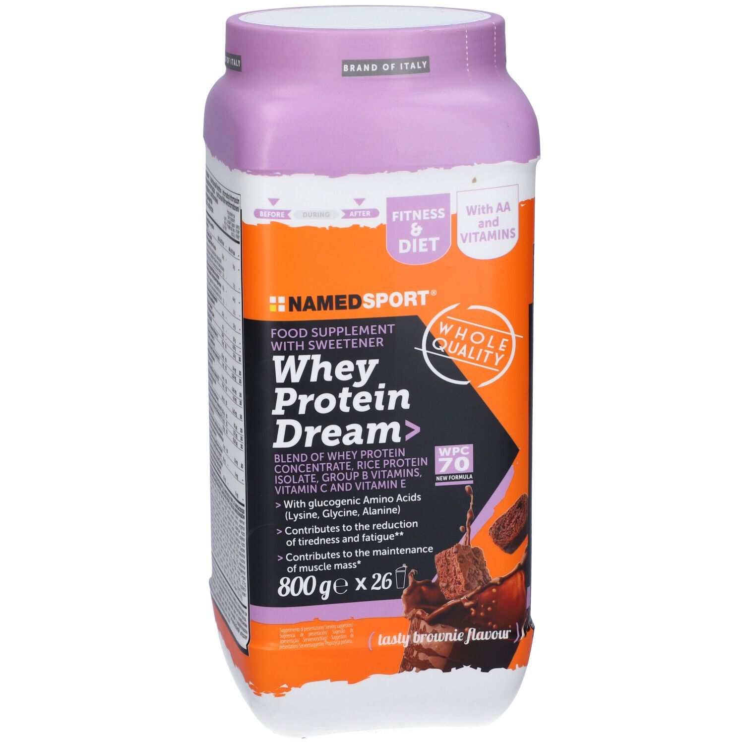 Boîte violette et orange NAMEDSPORT Whey Protein Dream. Contient 800g. Avec AA et vitamines. Tasty Brownie Flavour.