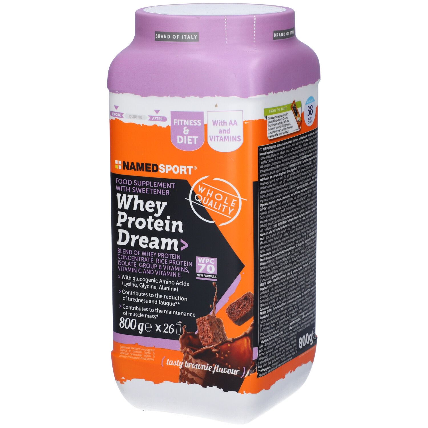 Boîte violette et orange NAMEDSPORT Whey Protein Dream. Contient 800g. Avec AA et vitamines. Tasty Brownie Flavour.