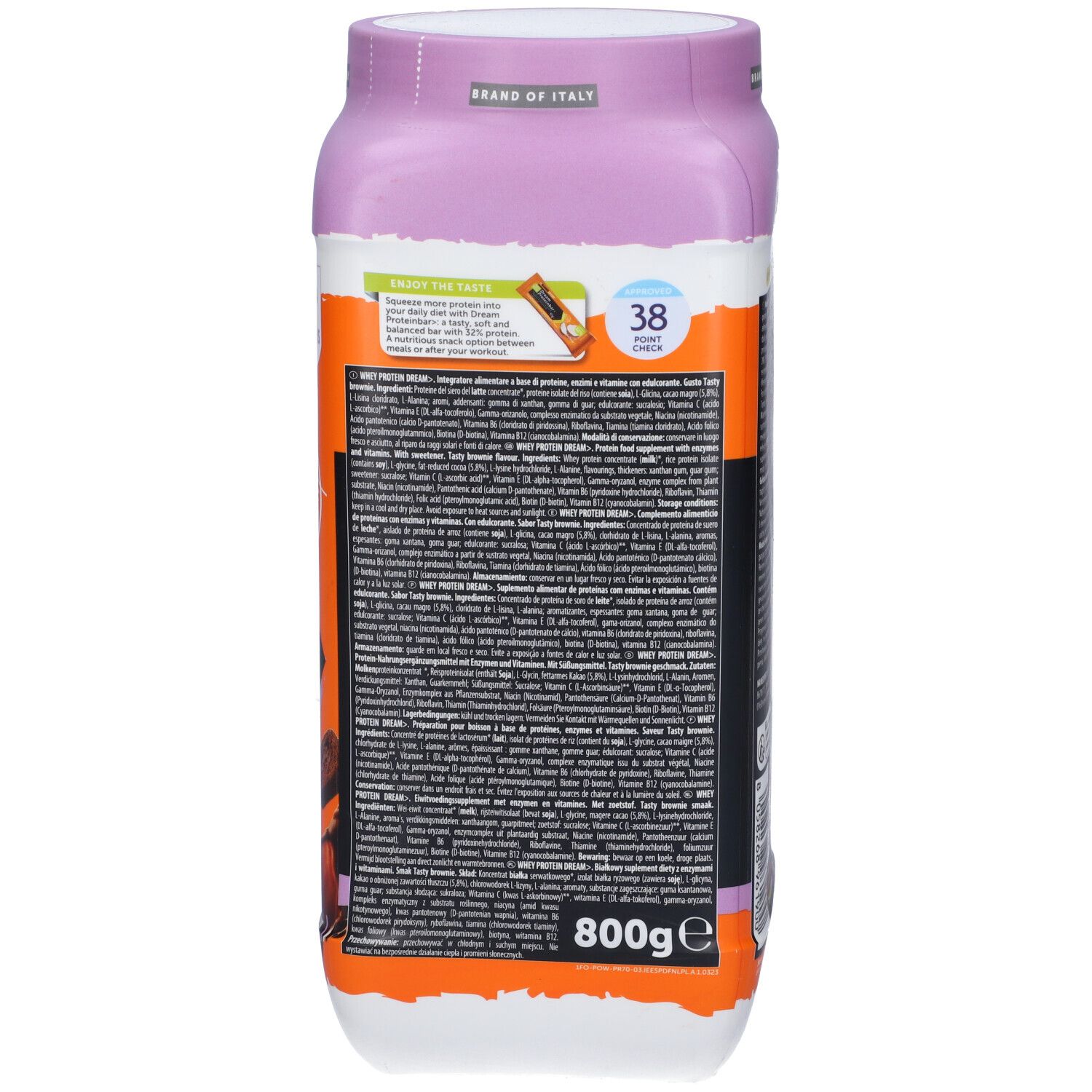 Dos du pot avec texte. Contient des informations sur les ingrédients et le mode d'emploi. Fond orange et noir.