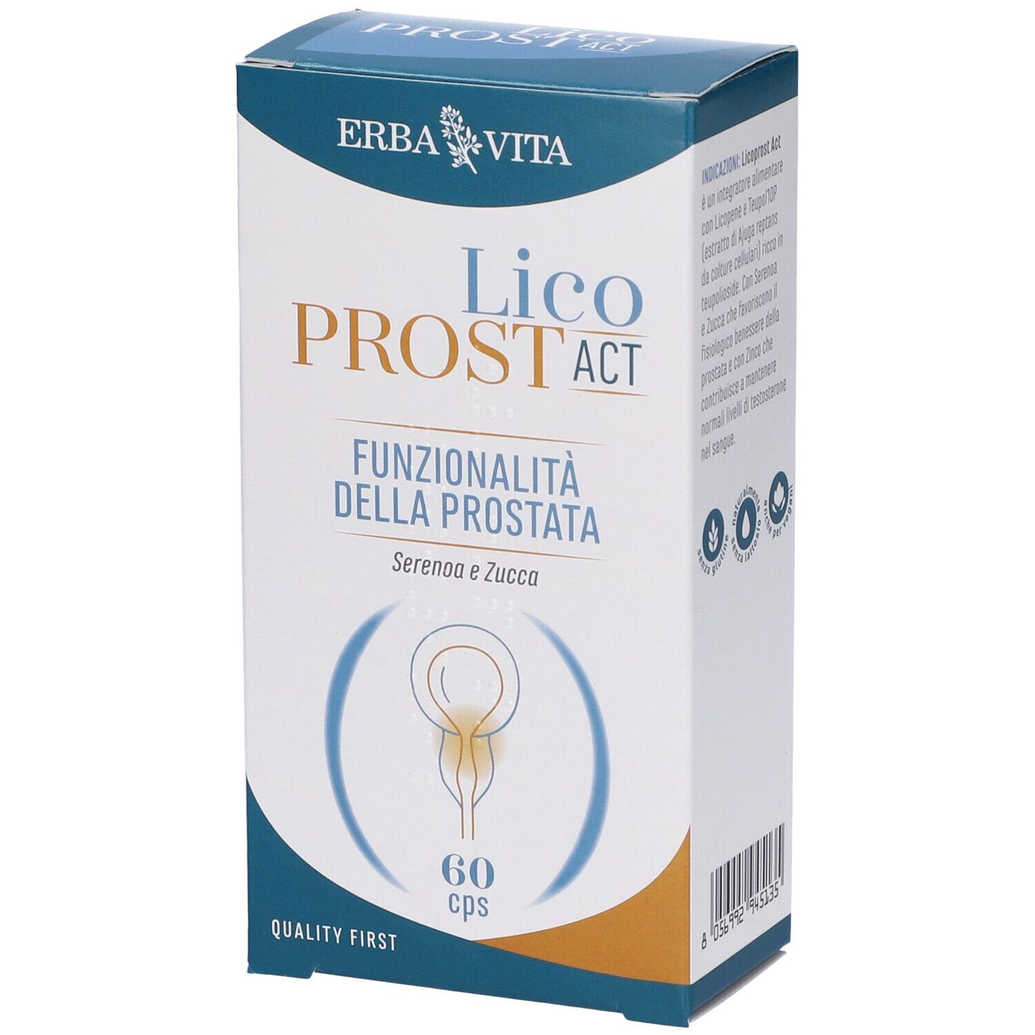 Schachtel mit Erba Vita Licoprost Act. Aufschrift: Funzionalità della Prostata. Enthält 60 Kapseln.
