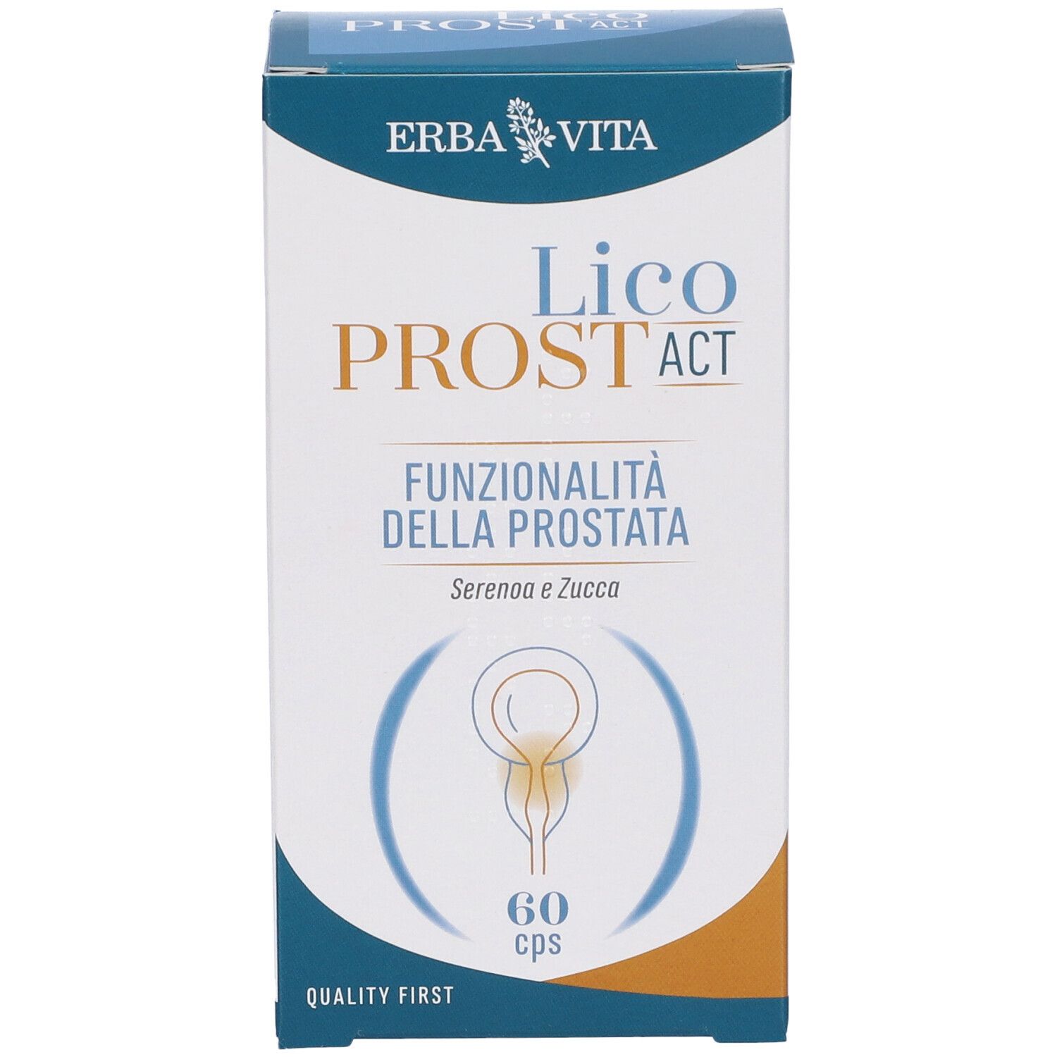 Erba Vita Licoprost Act-Schachtel. Aufschrift: Funzionalità della Prostata. Enthält 60 Kapseln.