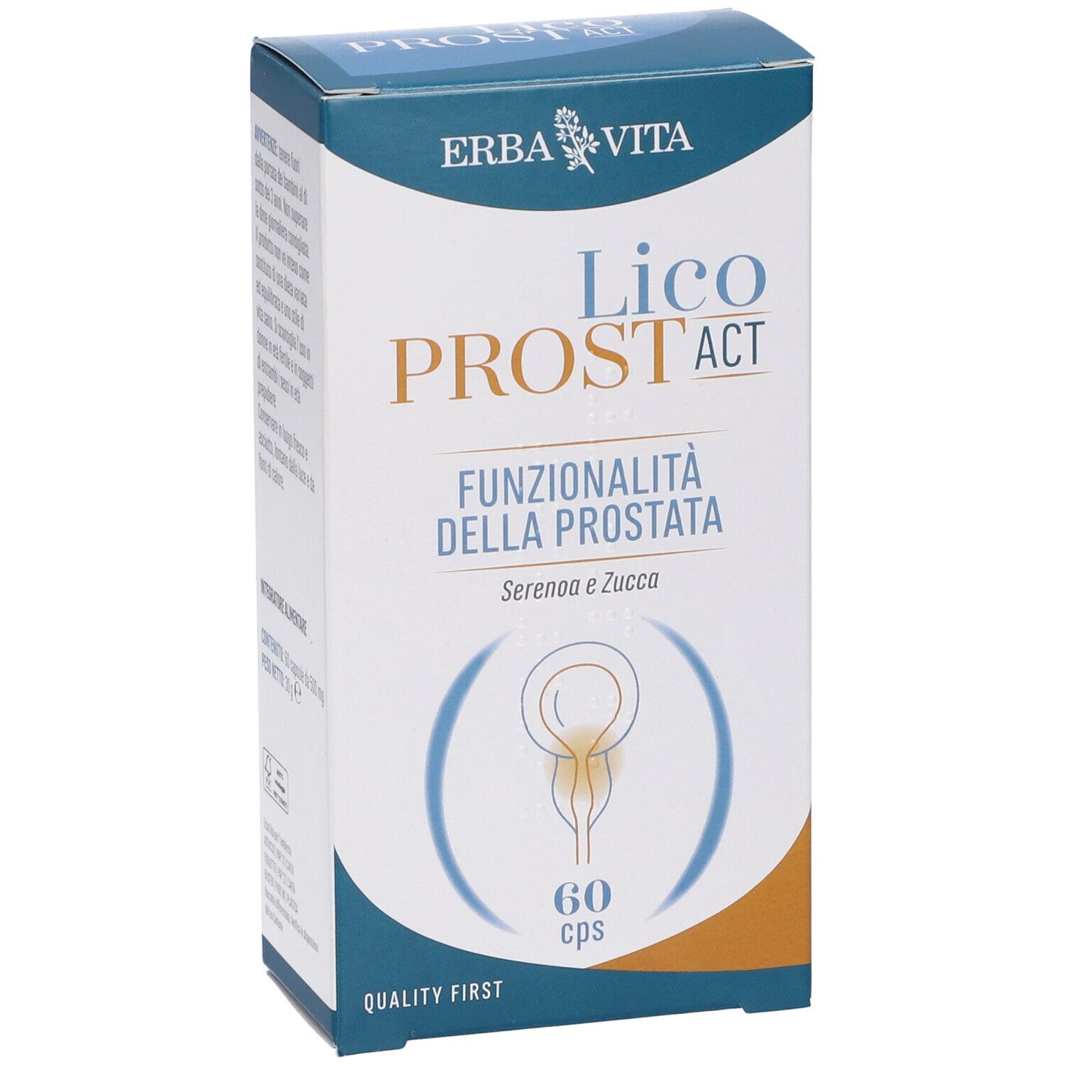 Erba Vita Licoprost Act-Schachtel. Aufschrift: Funzionalità della Prostata. Enthält 60 Kapseln.