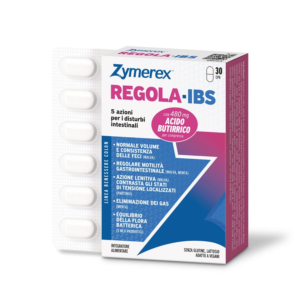 Blisterpackung mit Tabletten und Schachtel. Auf der Schachtel steht ZYMEREX® Regola-IBS. 30 Tabletten. Enthält 480mg Buttersäure.