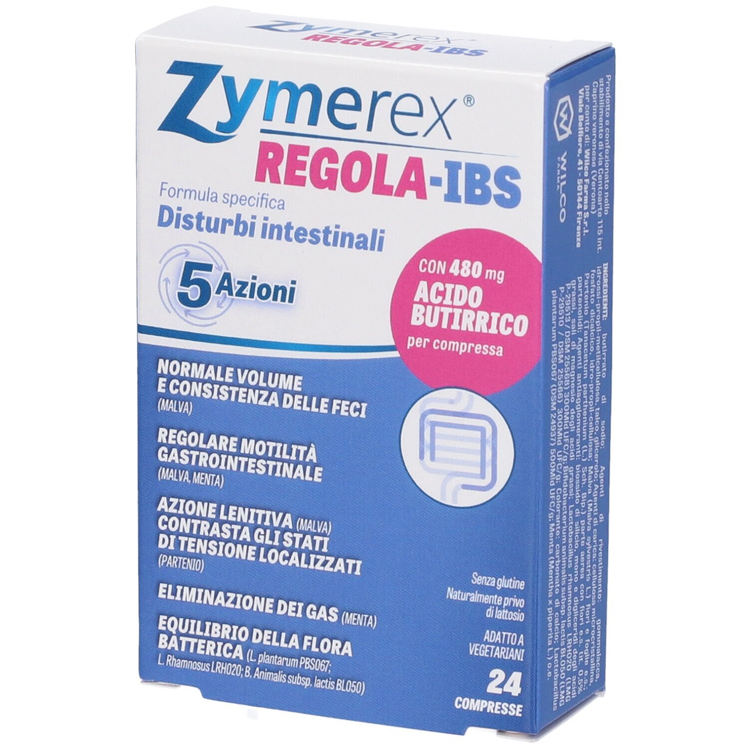 Zymerex REGOLA-IBS-Verpackung. Blaue und weiße Schachtel mit Produktnamen und Inhaltsangaben. 24 Tabletten.