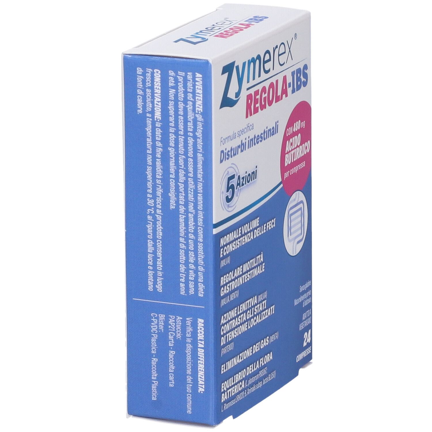 Zymerex REGOLA-IBS-Verpackung. Blaue und weiße Schachtel mit Produktnamen und Inhaltsangaben. Seitenansicht.
