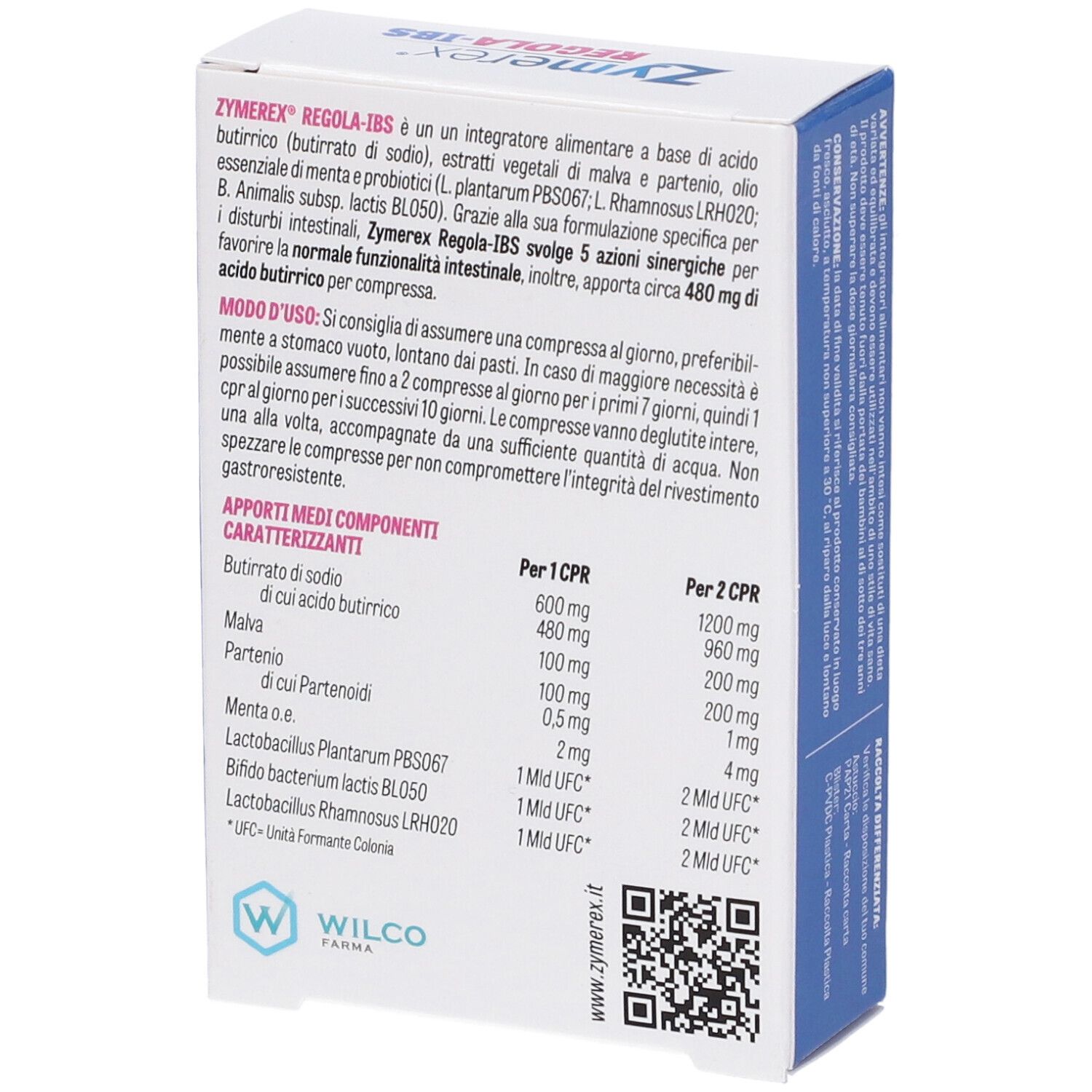 Zymerex REGOLA-IBS-Verpackung. Rückseite mit Inhaltsstoffen und Dosierung. Weiße Schrift auf blauem Hintergrund.