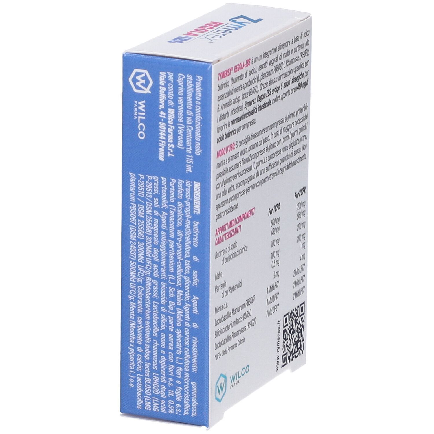 Zymerex REGOLA-IBS-Verpackung. Seitenansicht mit Inhaltsstoffen und Herstellerinformationen. Blaue und weiße Farben.