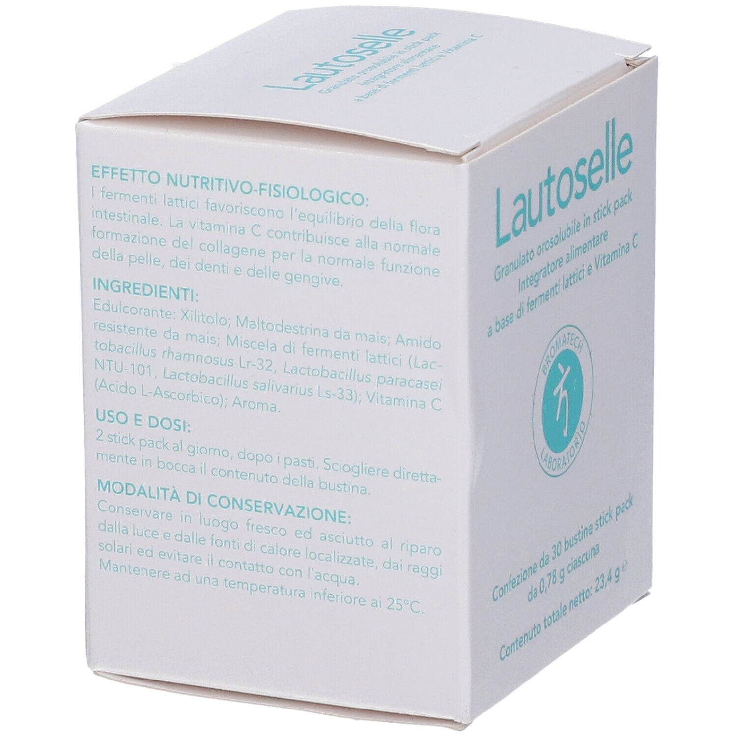 Weißer Karton, Seitenansicht. Enthält Informationen zu Inhaltsstoffen, Anwendung und Lagerung. Lautoselle.