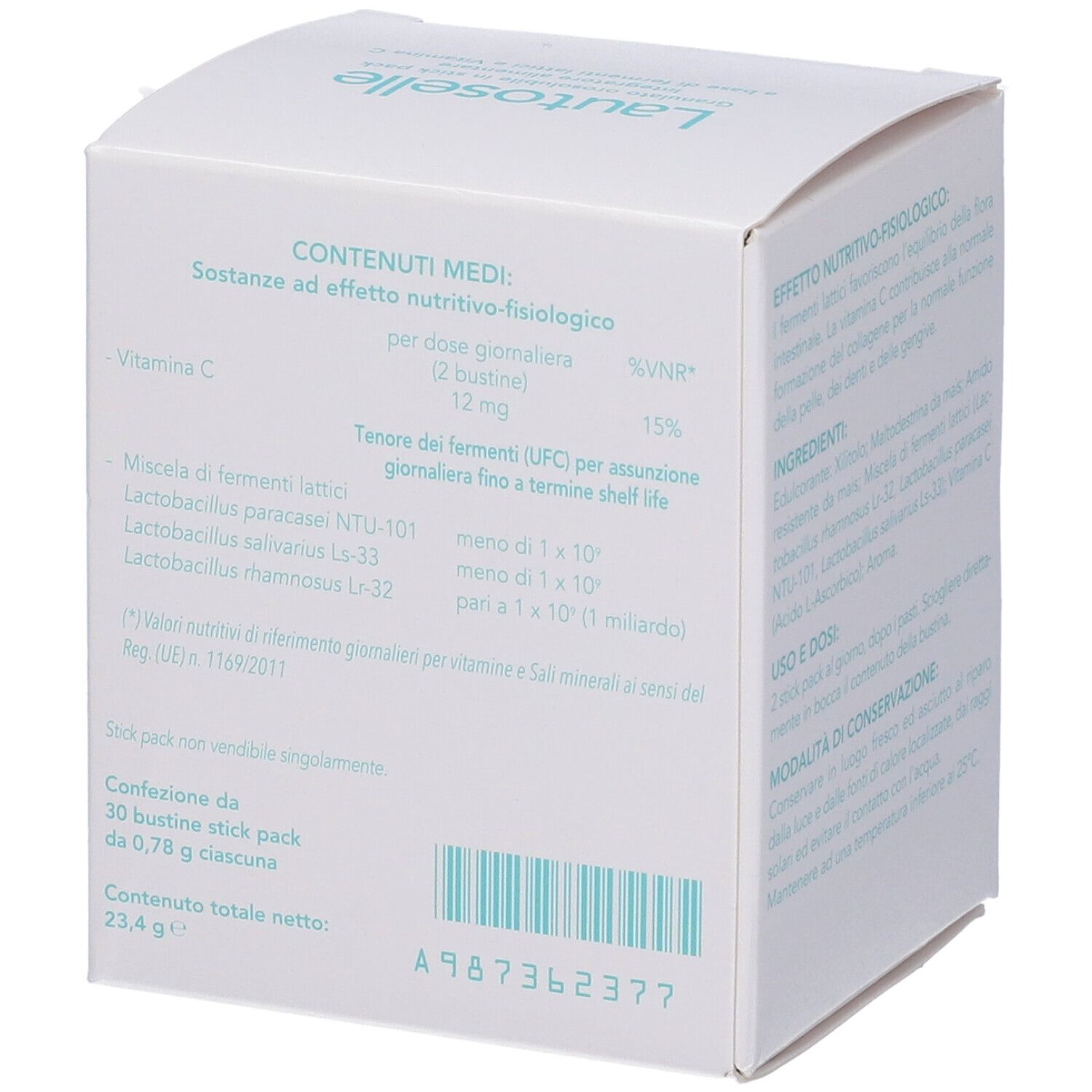 Rückseite des weißen Kartons. Enthält Nährwertangaben und Informationen. Lautoselle. A987362377.