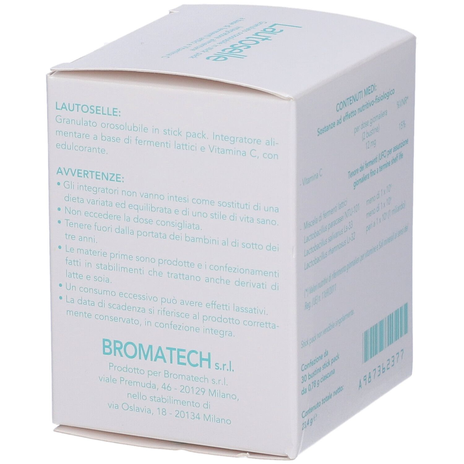 Weißer Karton, Seitenansicht. Enthält Warnhinweise und Herstellerinformationen. Lautoselle.