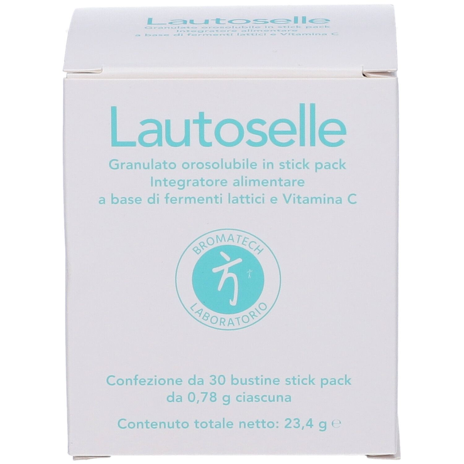 Weißer Karton mit Lautoselle-Logo und Produktinformationen. Enthält 30 Beutel. Bromatech-Logo.