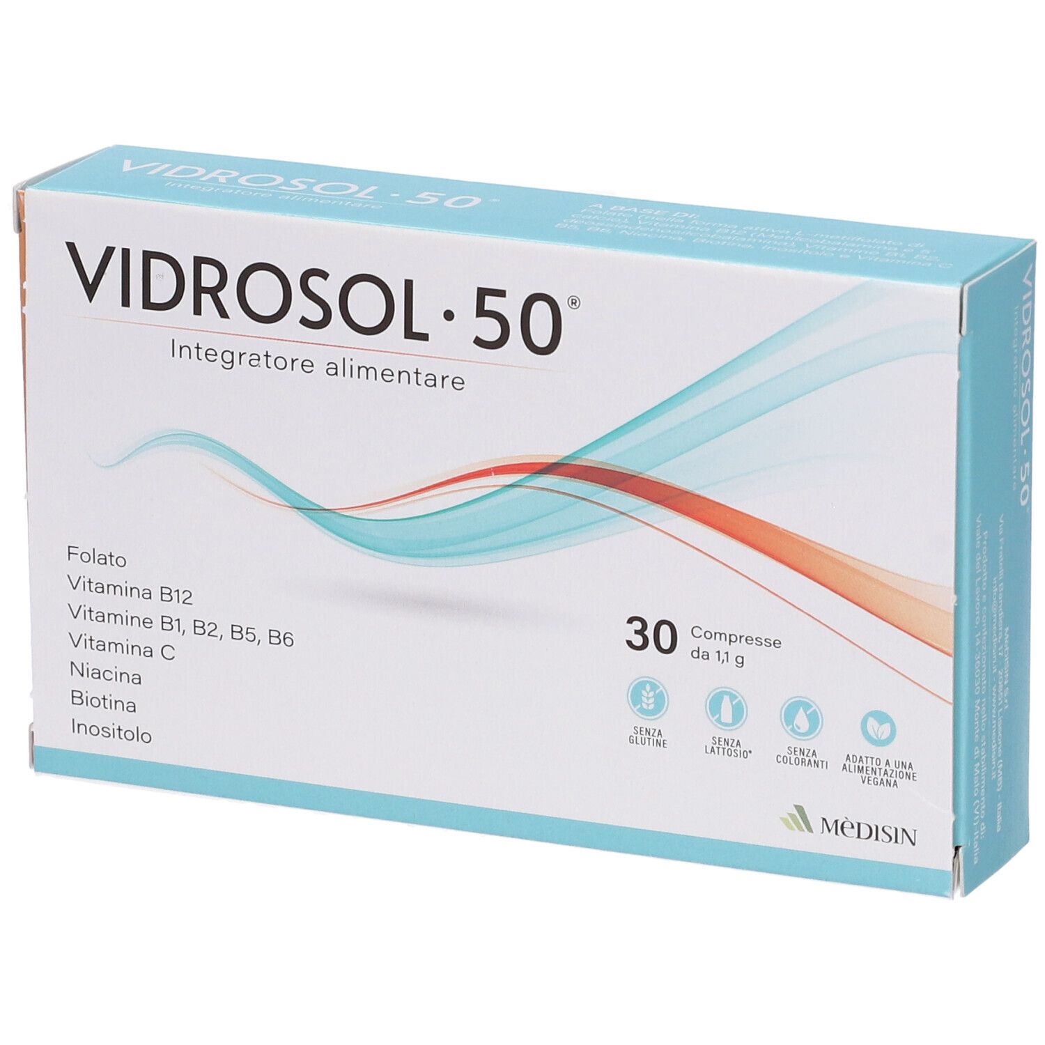 Schachtel mit 'VIDROSOL•50'. Enthält 30 Tabletten. Aufschrift: 'Integratore alimentare'. Enthält Vitamine und Mineralstoffe.