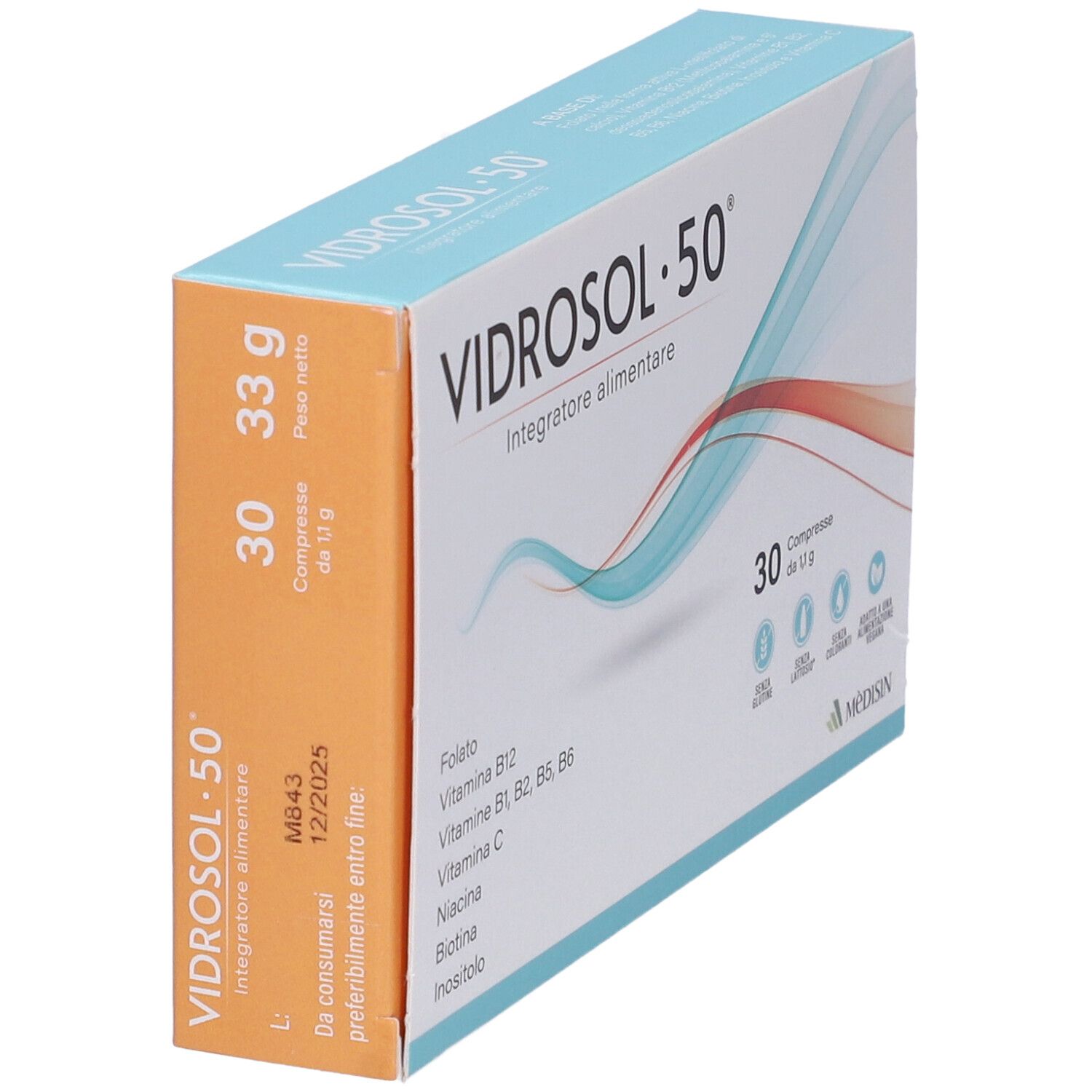 Schachtel 'VIDROSOL•50'. Enthält 30 Tabletten. Aufschrift: 'Integratore alimentare'. Gewicht: 33g. Mindesthaltbarkeitsdatum: 12/2025.