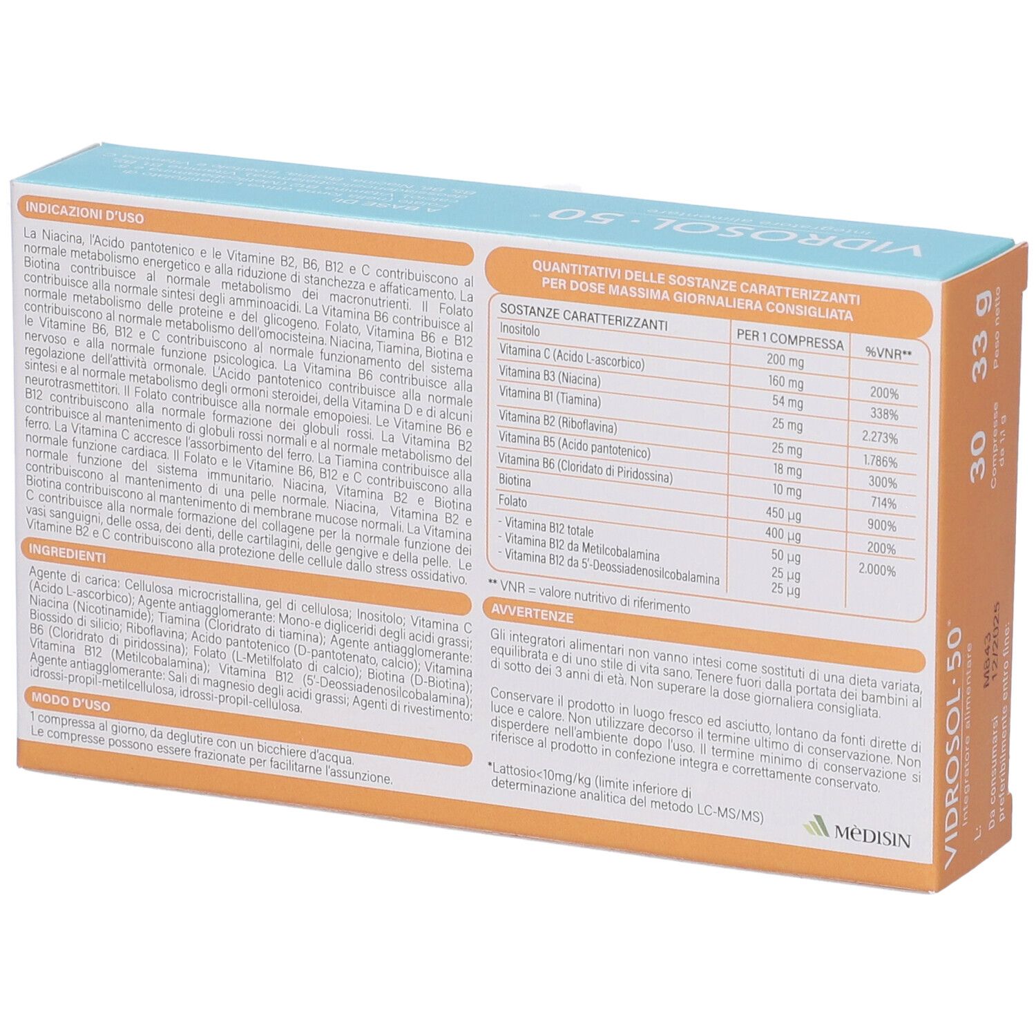 Rückseite der 'VIDROSOL•50' Schachtel. Enthält Informationen zu Inhaltsstoffen, Nährwerten und Anwendung. 30 Tabletten, 33g.