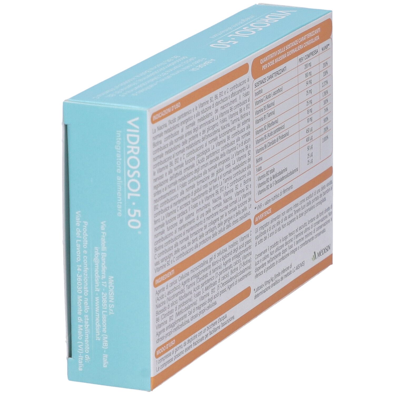 Schachtel 'VIDROSOL•50' in Schrägansicht. Enthält Informationen zu Inhaltsstoffen, Nährwerten und Anwendung. 30 Tabletten.