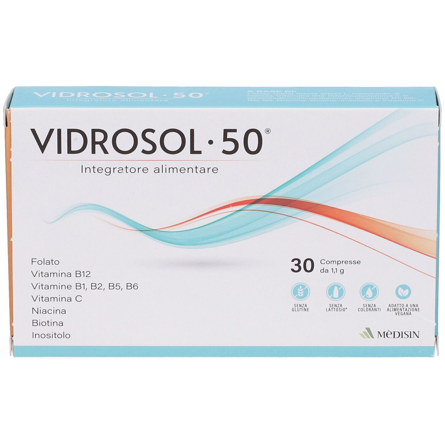 Vorderseite der 'VIDROSOL•50' Schachtel. Enthält 30 Tabletten. Aufschrift: 'Integratore alimentare'. Enthält Vitamine und Mineralstoffe.