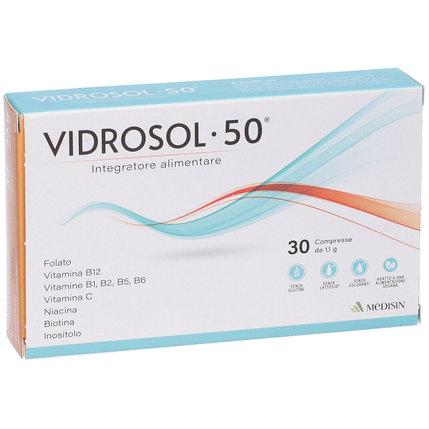 Vorderseite der 'VIDROSOL•50' Schachtel. Enthält 30 Tabletten. Aufschrift: 'Integratore alimentare'. Enthält Vitamine und Mineralstoffe.