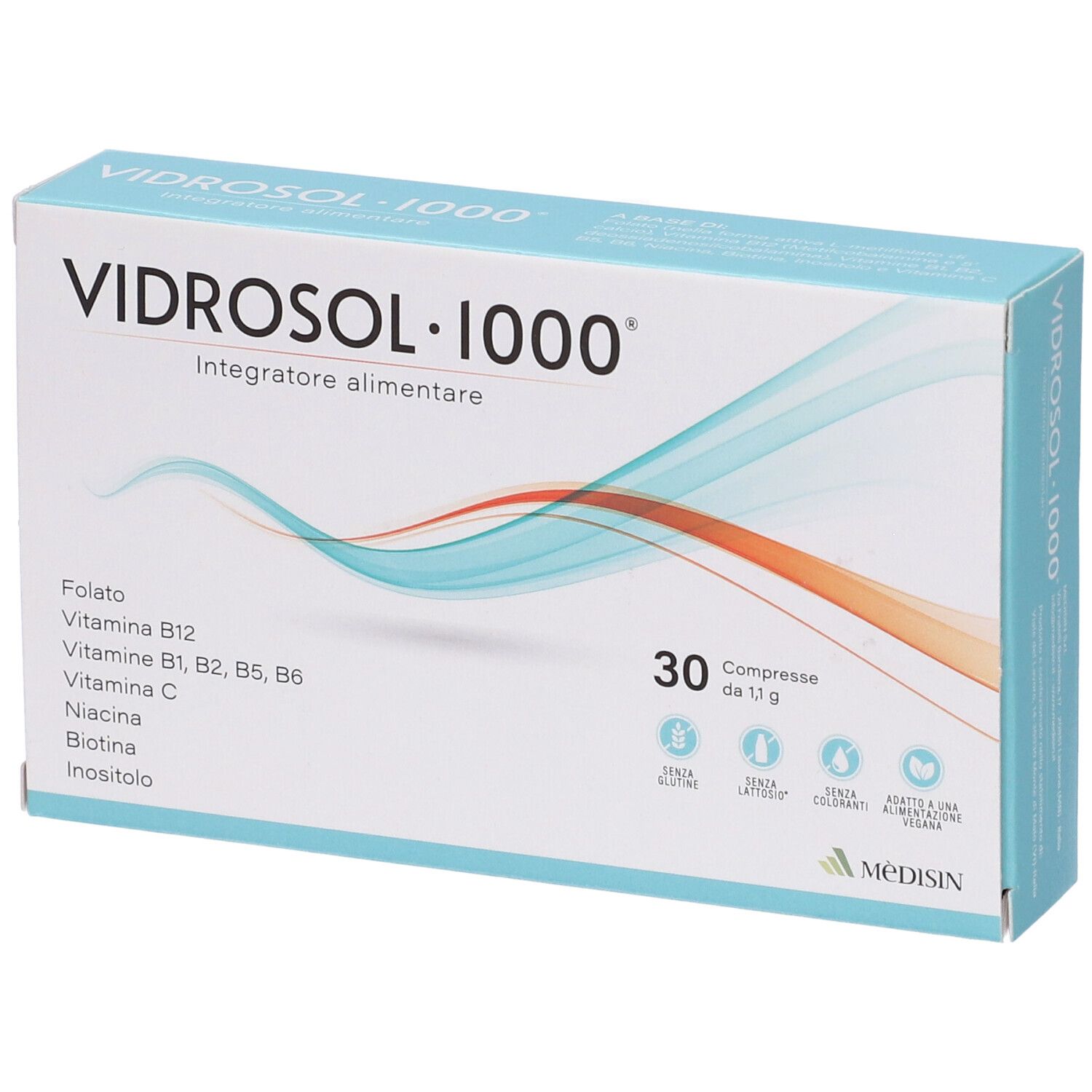 Boîte de "Vidrosol 1000" avec 30 comprimés. Ingrédients : Folate, Vitamines B12, B1, B2, B5, B6, C, Niacine, Biotine, Inositol.