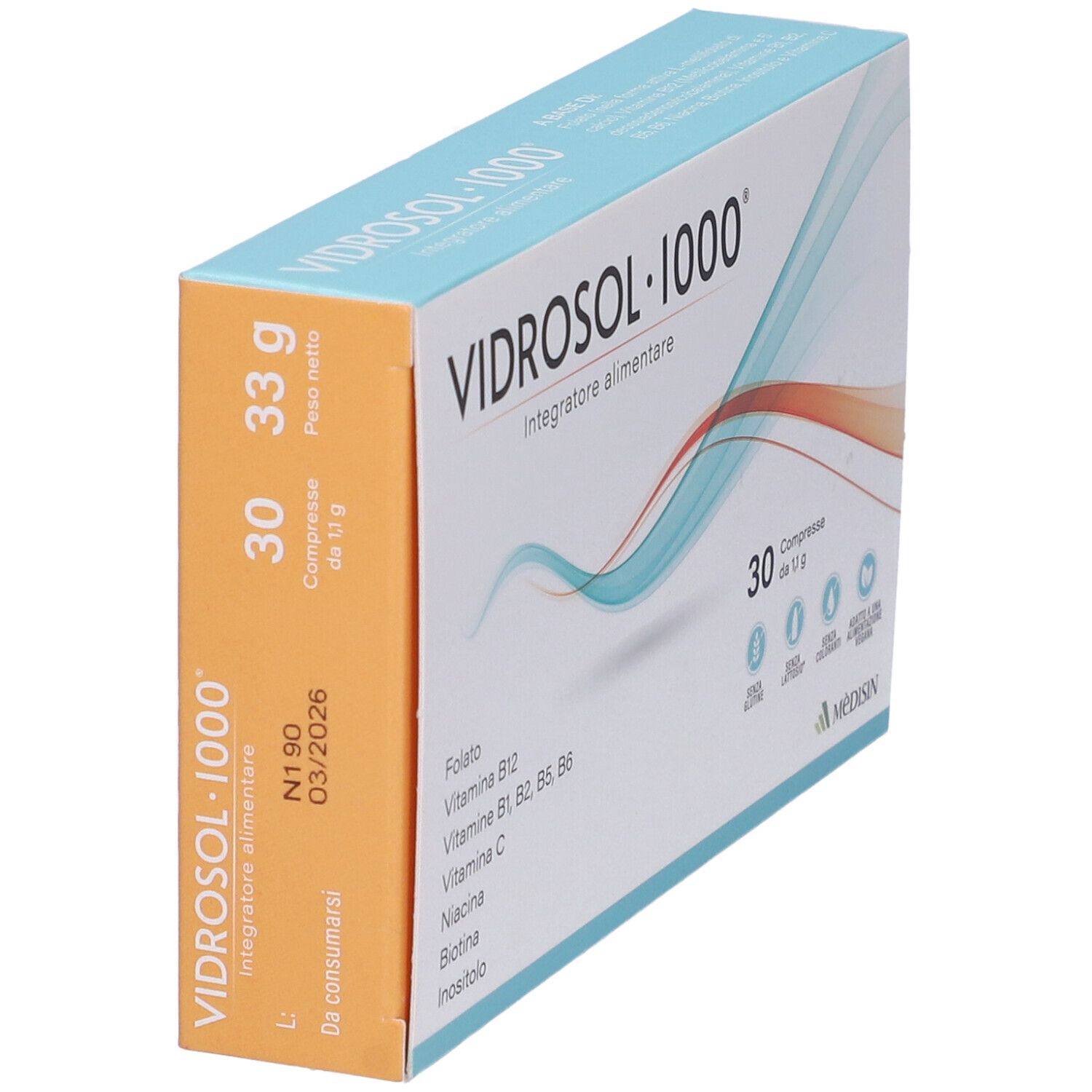 Boîte "Vidrosol 1000" avec 30 comprimés. Date d'expiration : 03/2026. Ingrédients : Folate, Vitamines B12, B1, B2, B5, B6, C, Niacine, Biotine, Inositol.