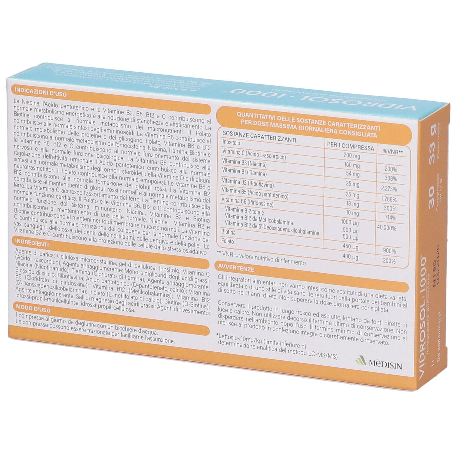 Dos de la boîte "Vidrosol 1000". Informations sur les ingrédients et l'utilisation. Marque : Medisin.