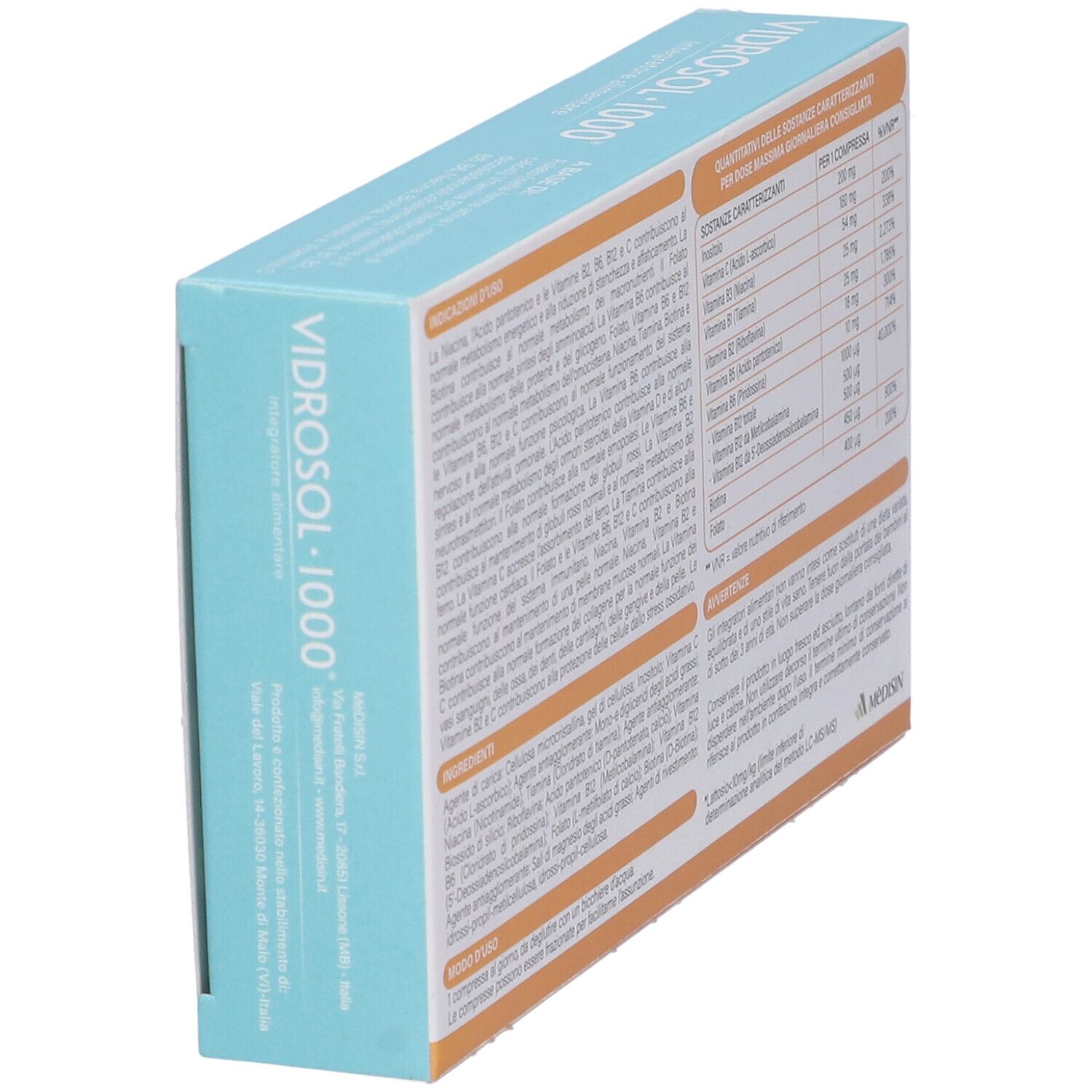 Boîte "Vidrosol 1000". Informations sur les ingrédients et l'utilisation. Marque : Medisin.