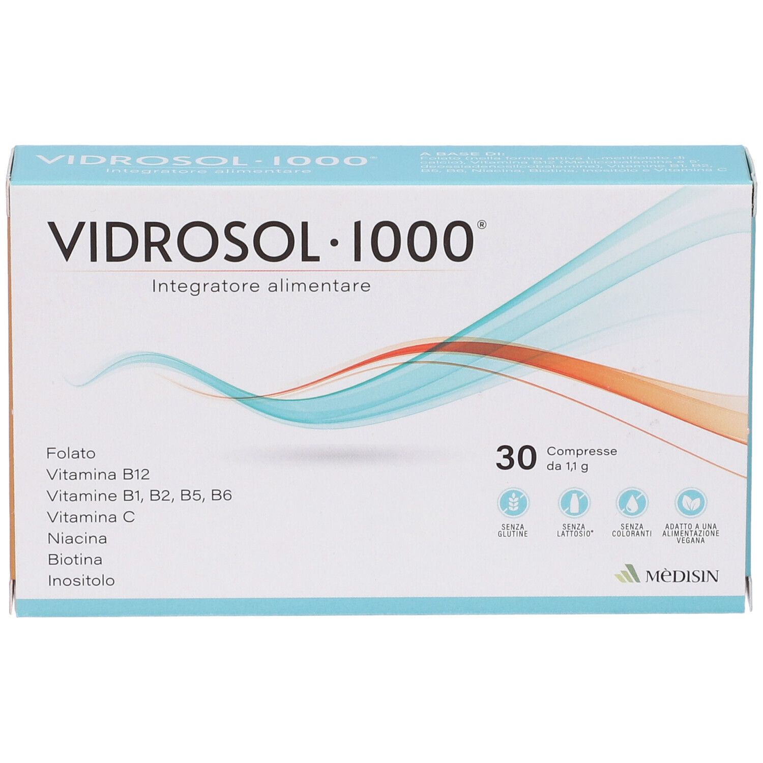 Boîte "Vidrosol 1000" avec 30 comprimés. Ingrédients : Folate, Vitamines B12, B1, B2, B5, B6, C, Niacine, Biotine, Inositol.