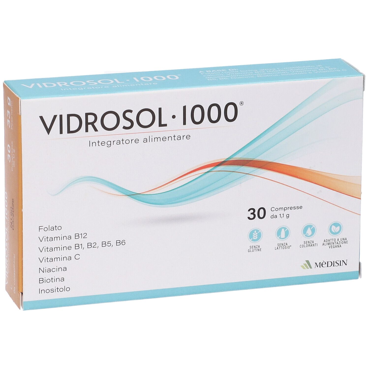 Boîte "Vidrosol 1000" avec 30 comprimés. Ingrédients : Folate, Vitamines B12, B1, B2, B5, B6, C, Niacine, Biotine, Inositol.