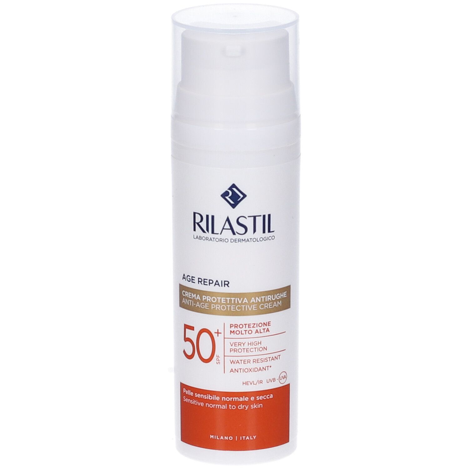 Rilastil Age Repair Sonnencreme SPF50+. Weiße Flasche mit Pumpe, roter und weißer Aufdruck. Für normale bis trockene Haut.