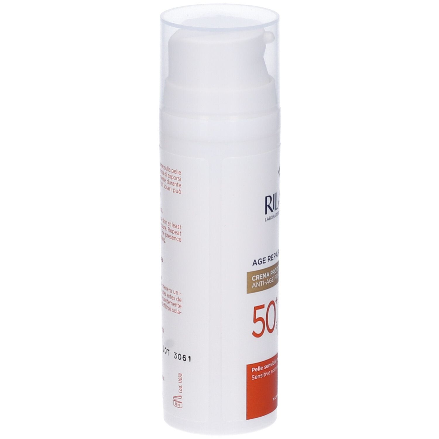 Rilastil Age Repair Sonnencreme SPF50+. Weiße Flasche mit Pumpe. Seitliche Produktinformationen und Text.