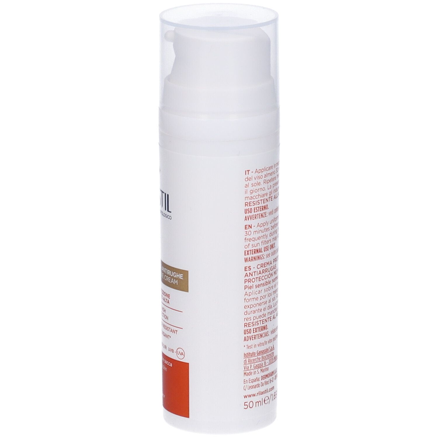 Rilastil Age Repair Sonnencreme SPF50+. Weiße Flasche mit Pumpe. Rückseite mit Gebrauchsanweisung in mehreren Sprachen.