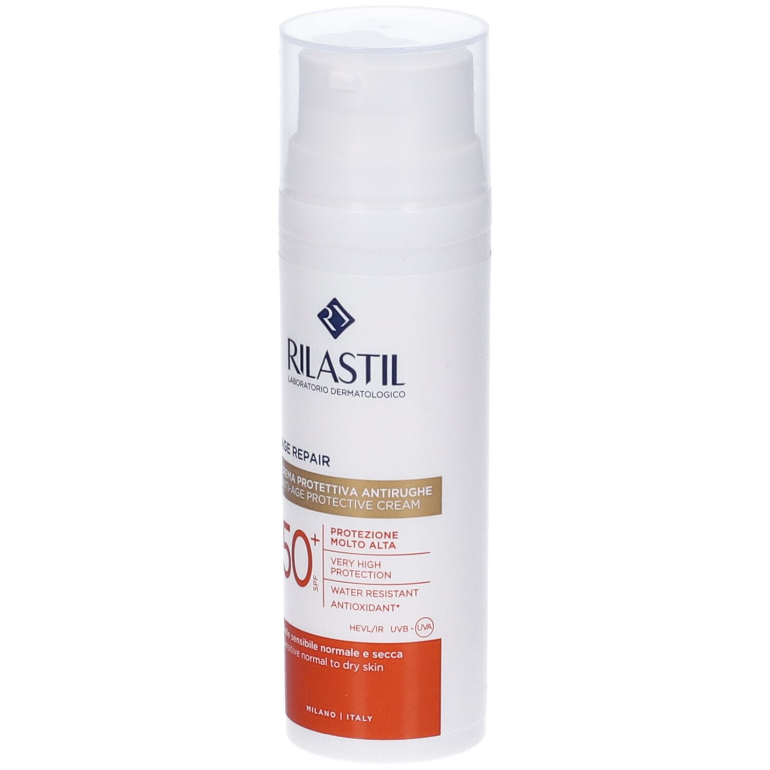 Rilastil Age Repair Sonnencreme SPF50+. Weiße Flasche mit Pumpe, roter und weißer Aufdruck. Für normale bis trockene Haut.