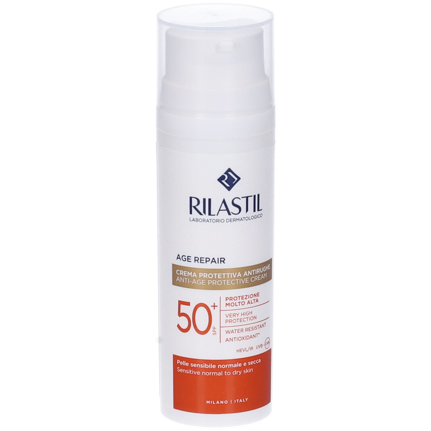 Rilastil Age Repair Sonnencreme SPF50+. Weiße Flasche mit Pumpe, roter und weißer Aufdruck. Für normale bis trockene Haut.