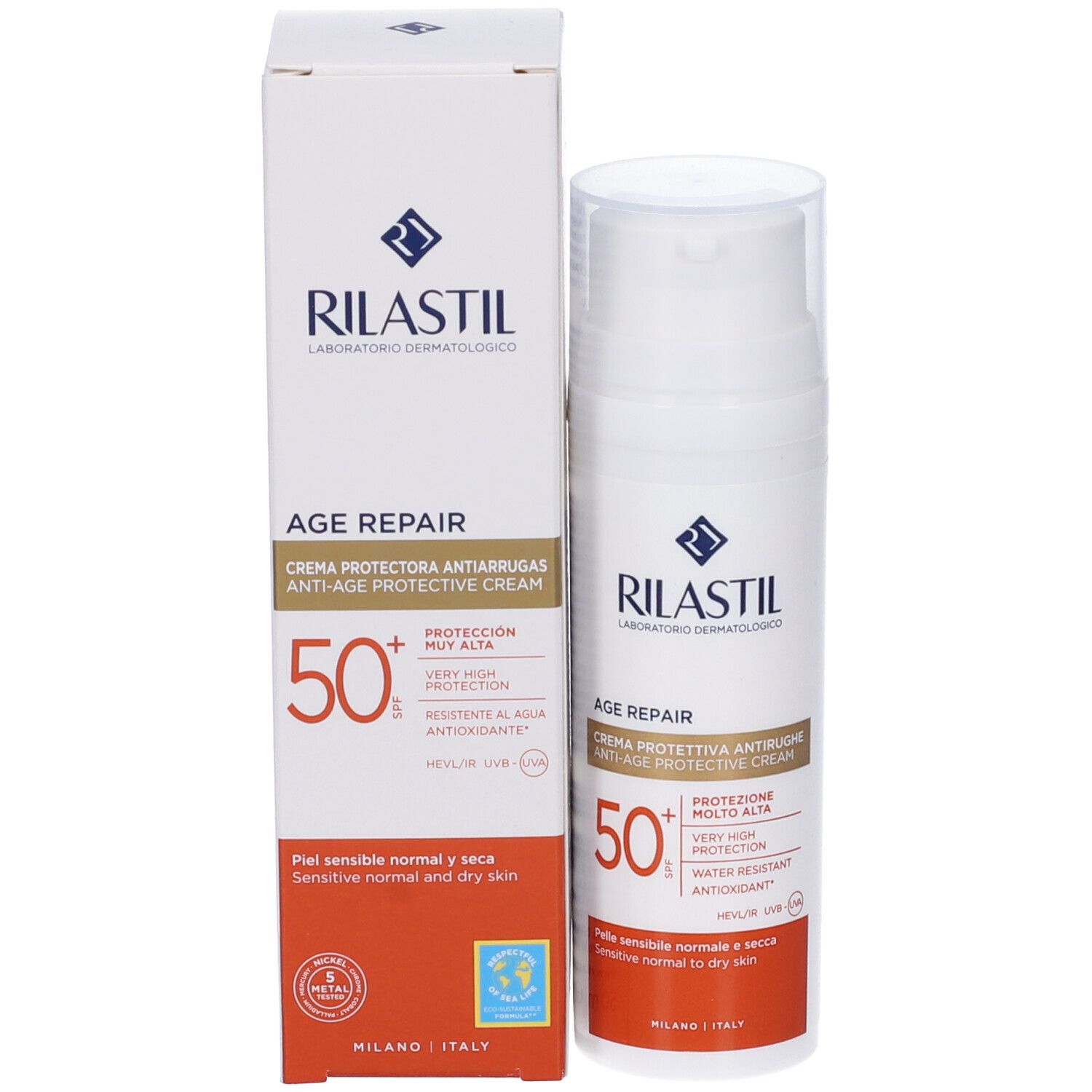 Rilastil Age Repair Sonnencreme SPF50+ und Verpackung. Weiße Flasche und Schachtel mit Aufdruck. Für normale bis trockene Haut.