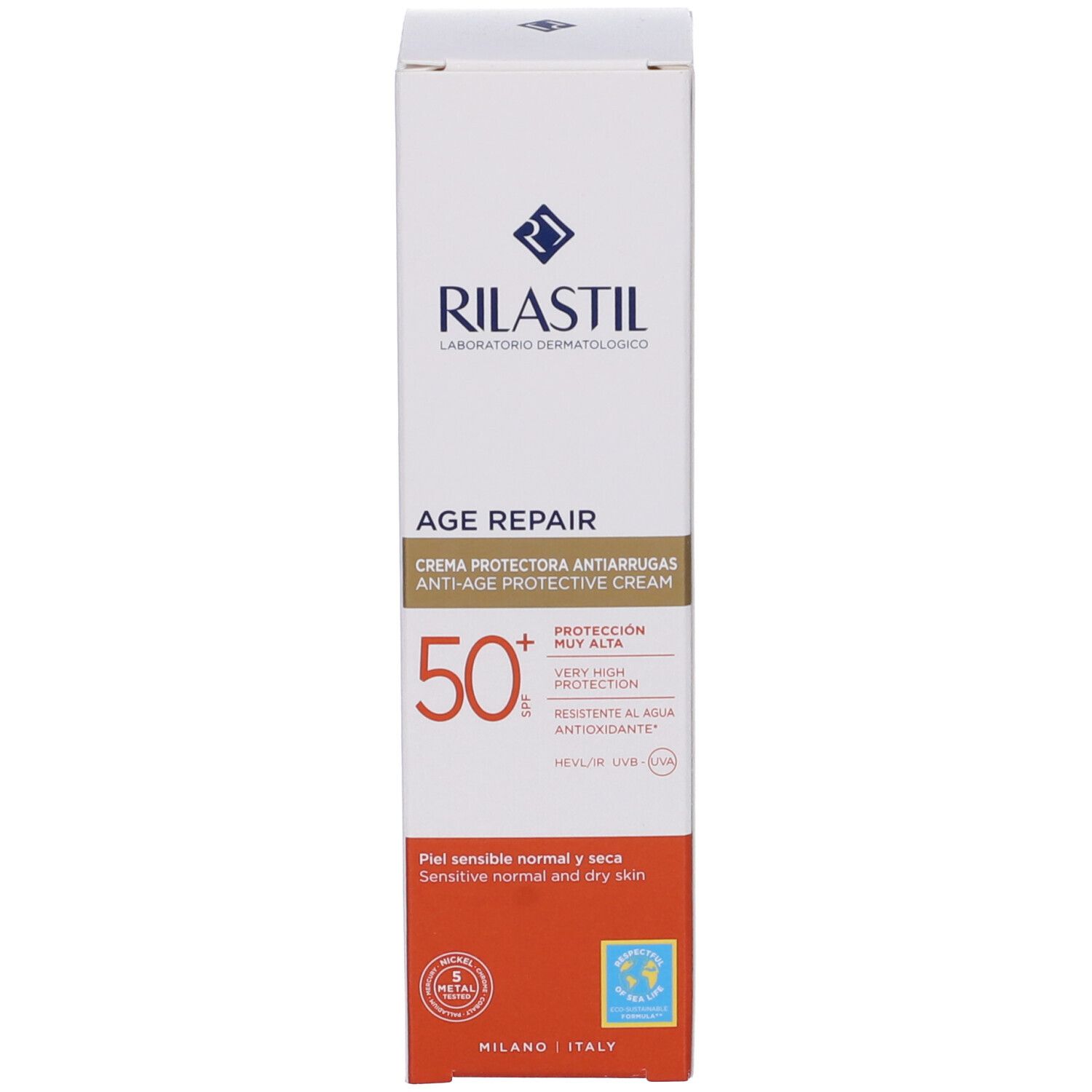 Rilastil Age Repair Sonnencreme SPF50+ Verpackung. Weiße Schachtel mit Aufdruck. Für normale bis trockene Haut.