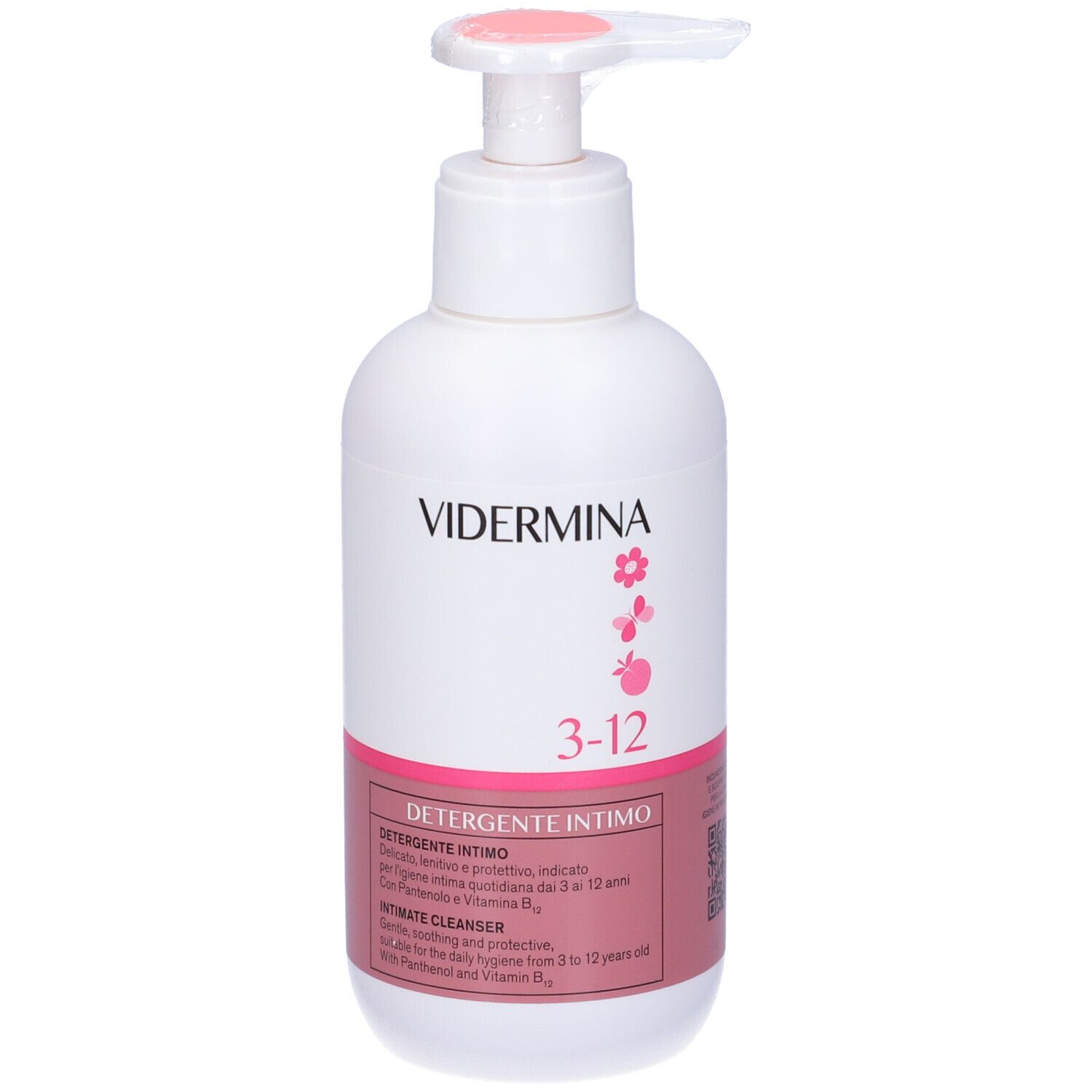 Flacon blanc avec étiquette rose. Inscription: Vidermina, 3-12, Detergente Intimo. Pompe avec couvercle rose.