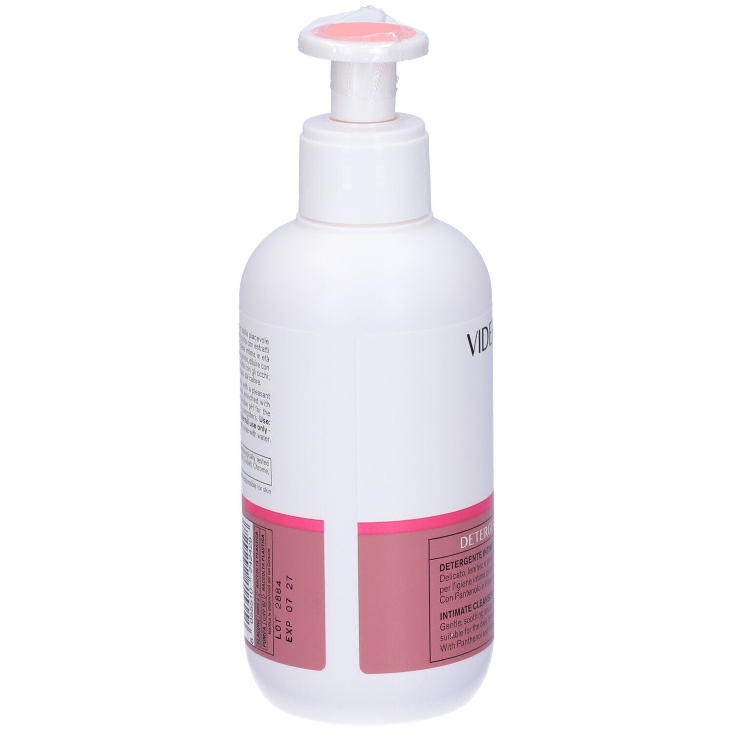 Flacon blanc, dos avec étiquette rose et texte. Pompe avec couvercle rose. Date d'expiration: EXP 07 27.