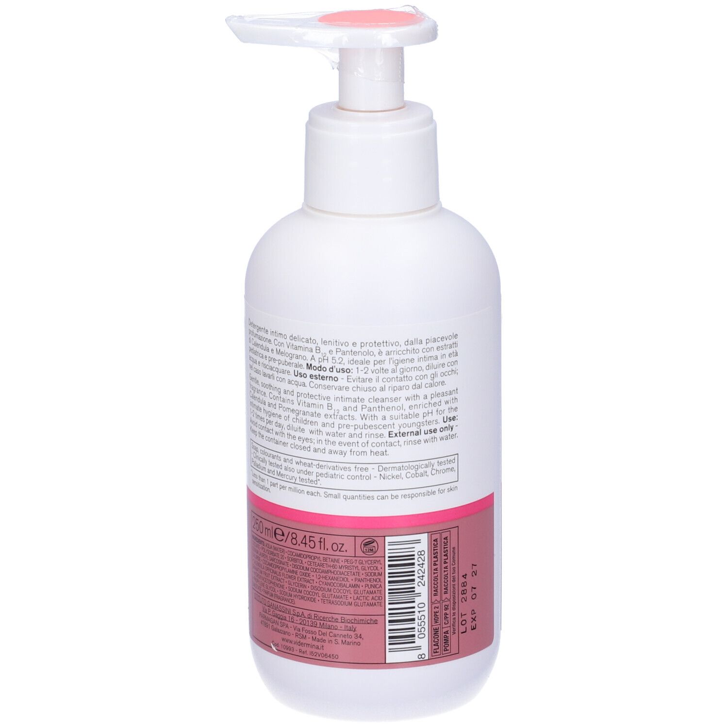 Flacon blanc, dos avec texte et étiquette rose. Pompe avec couvercle rose. Date d'expiration: EXP 07 27.