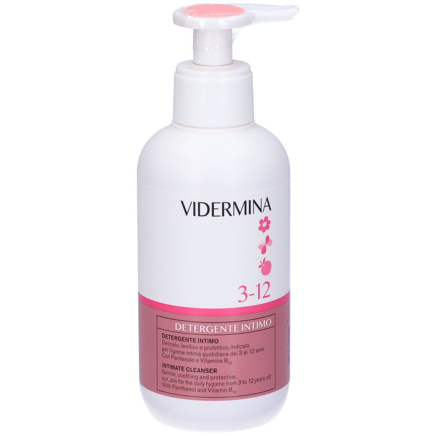 Flacon blanc avec étiquette rose. Inscription: Vidermina, 3-12, Detergente Intimo. Pompe avec couvercle rose.