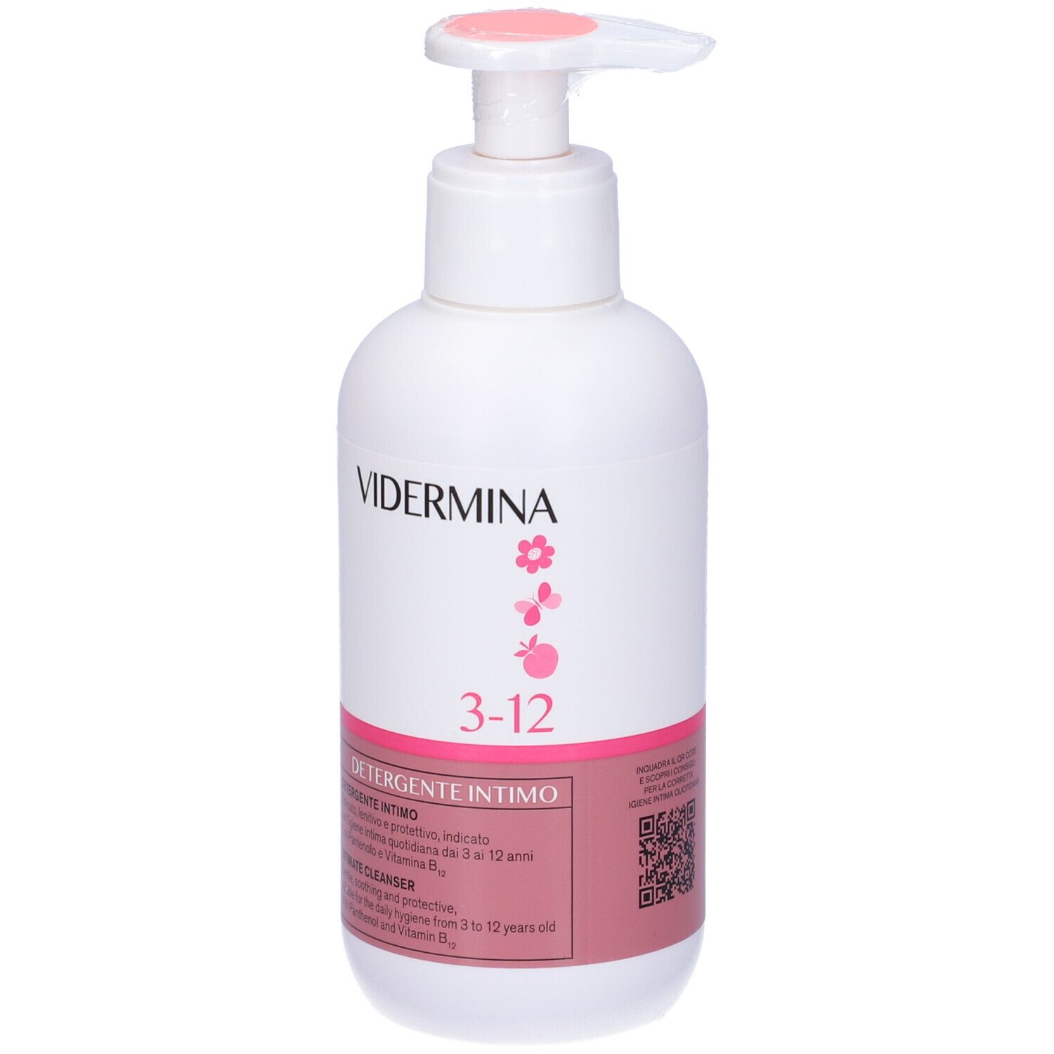 Flacon blanc avec étiquette rose. Inscription: Vidermina, 3-12, Detergente Intimo. Pompe avec couvercle rose. QR code.