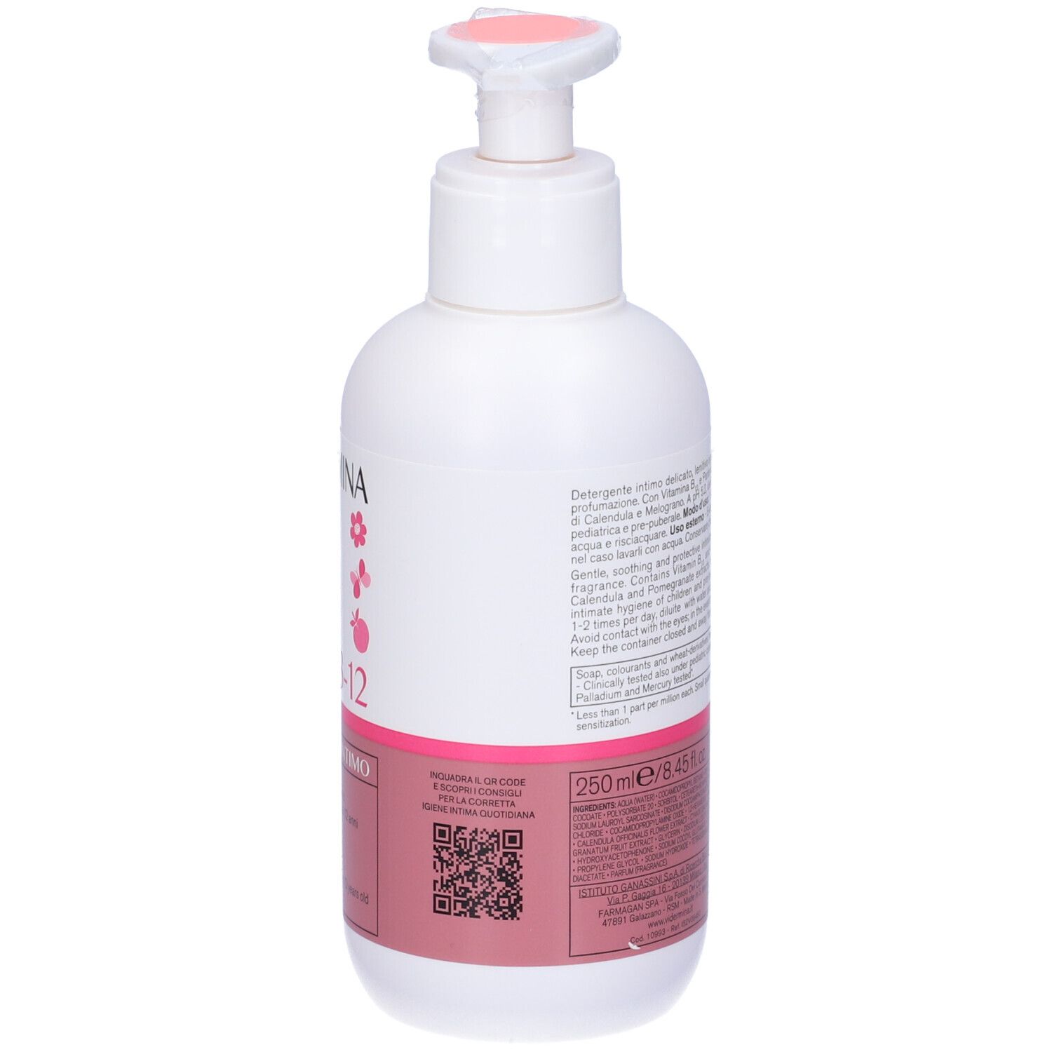 Flacon blanc, dos avec texte et étiquette rose. Pompe avec couvercle rose. QR code. Volume: 250ml.