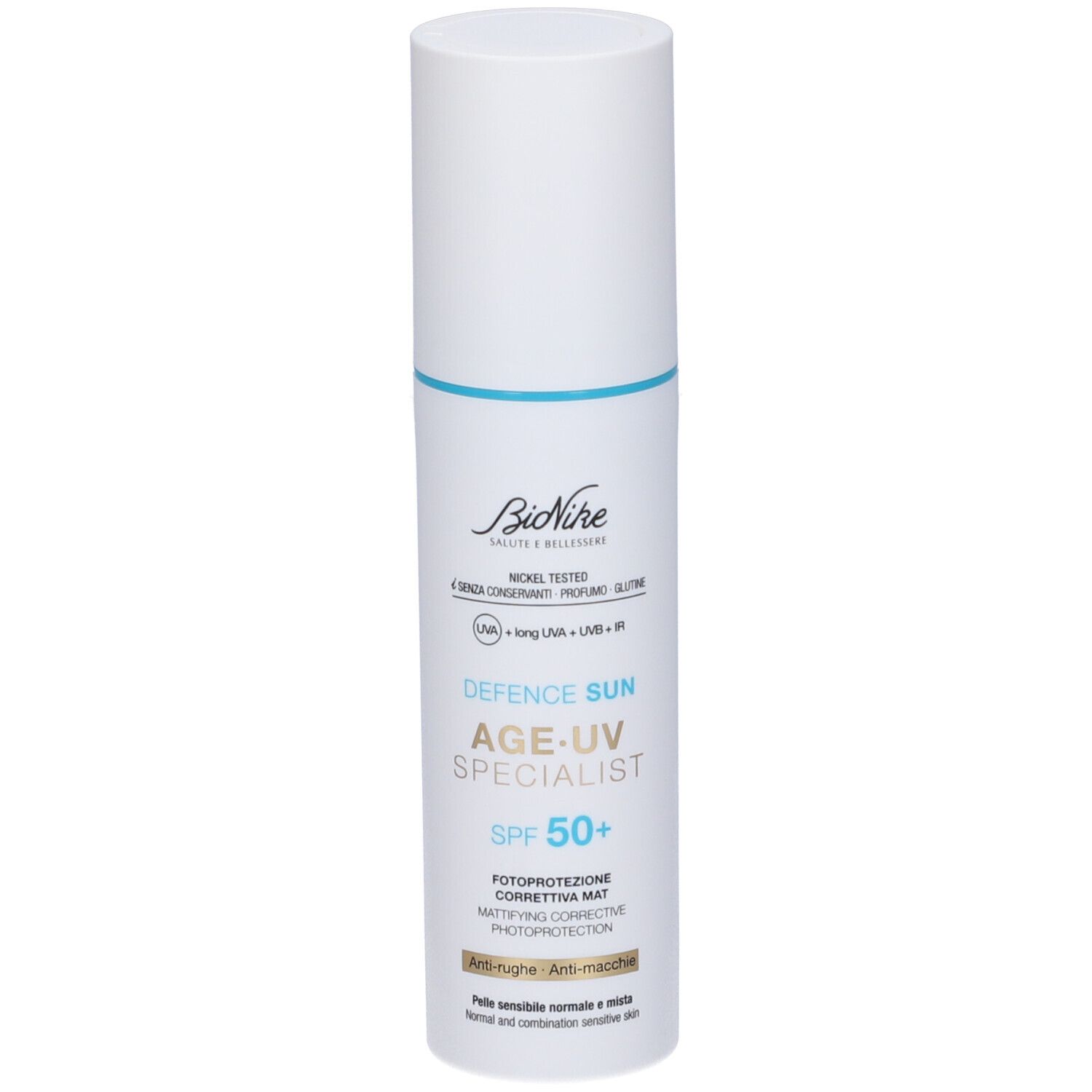 Weiße Flasche mit blauem Streifen. Aufschrift: BioNike, Defence Sun Age UV Specialist SPF 50+. Für normale und Mischhaut.