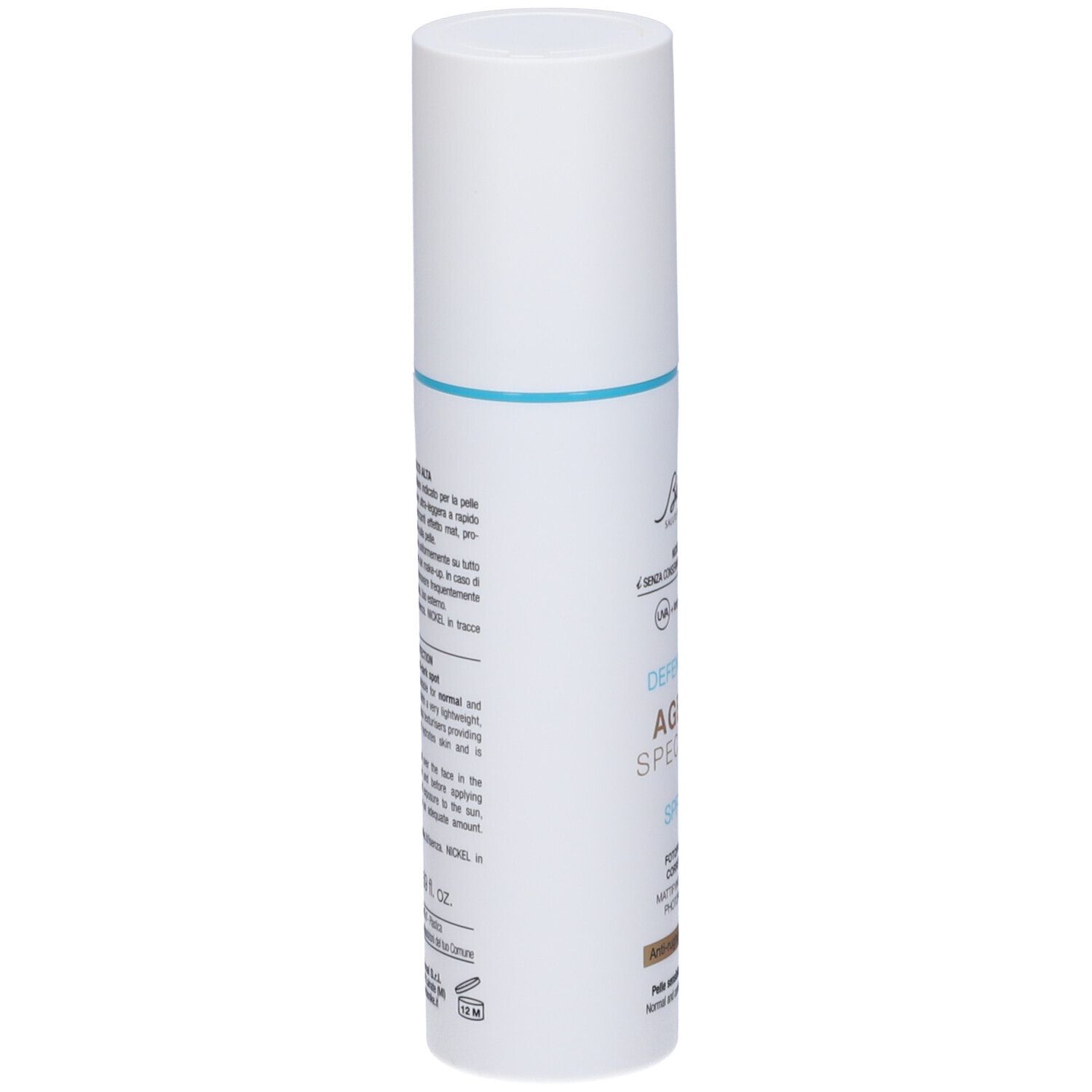 Weiße Flasche mit blauer Linie. Text: BioNike, Defence Sun Age UV Specialist SPF 50+. Details und Inhaltsstoffe auf der Seite.