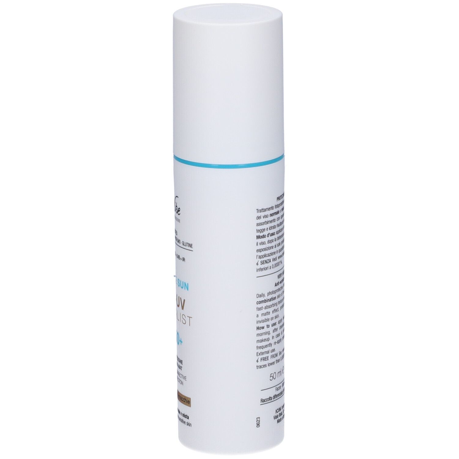 Weiße Flasche mit blauer Linie. Text: BioNike, Defence Sun Age UV Specialist SPF 50+. Informationen zur Anwendung und Inhaltsstoffe.