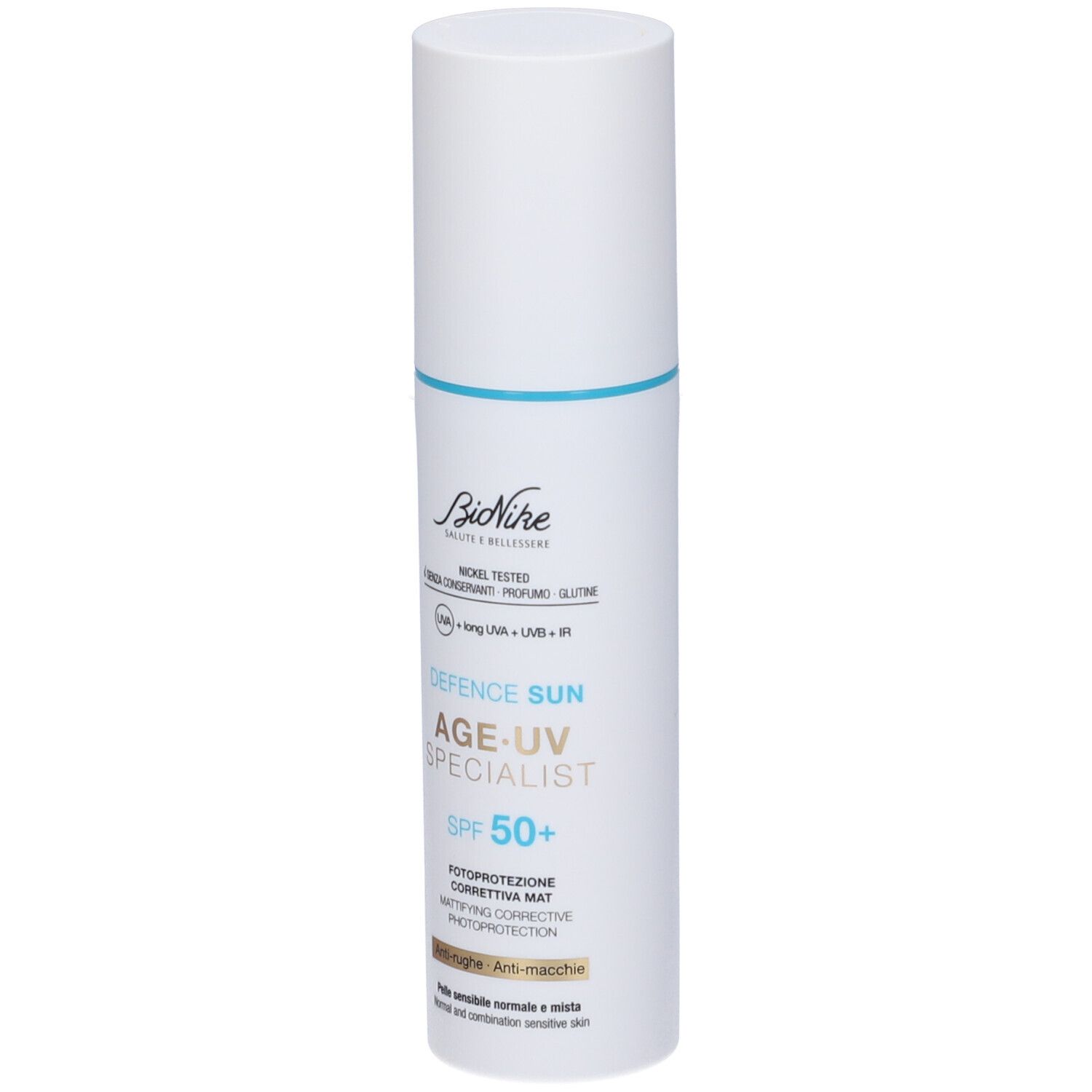 Weiße Flasche mit blauem Streifen. Aufschrift: BioNike, Defence Sun Age UV Specialist SPF 50+. Für normale und Mischhaut.