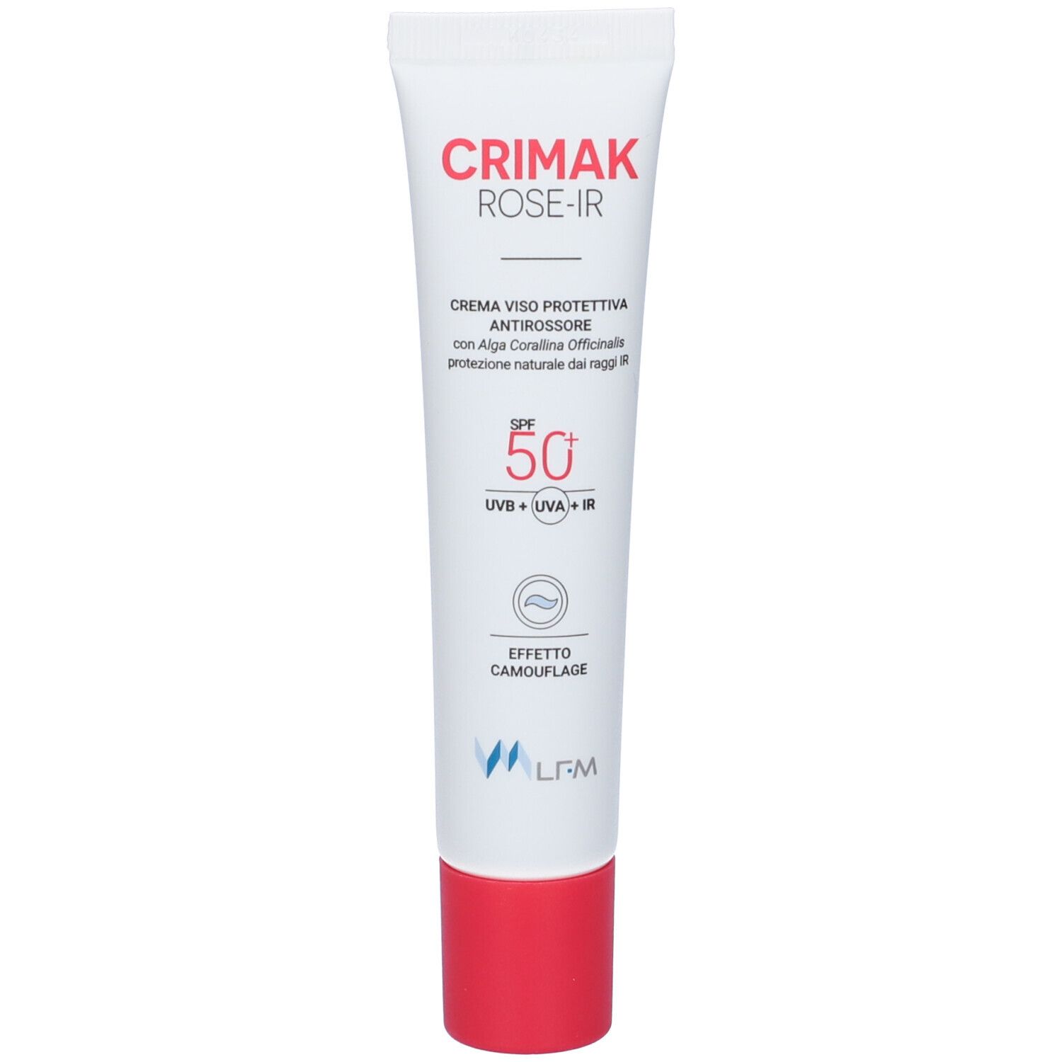 Creme-Tube mit rotem Verschluss. Aufschrift: Crimak Rose-IR, Creme viso protettiva antirosoore, SPF 50.